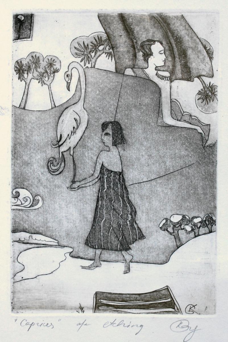 Jekaterina  Gryazeva Landscape Print – Capricen. Papier, Radierung, 15,5x10,5 cm