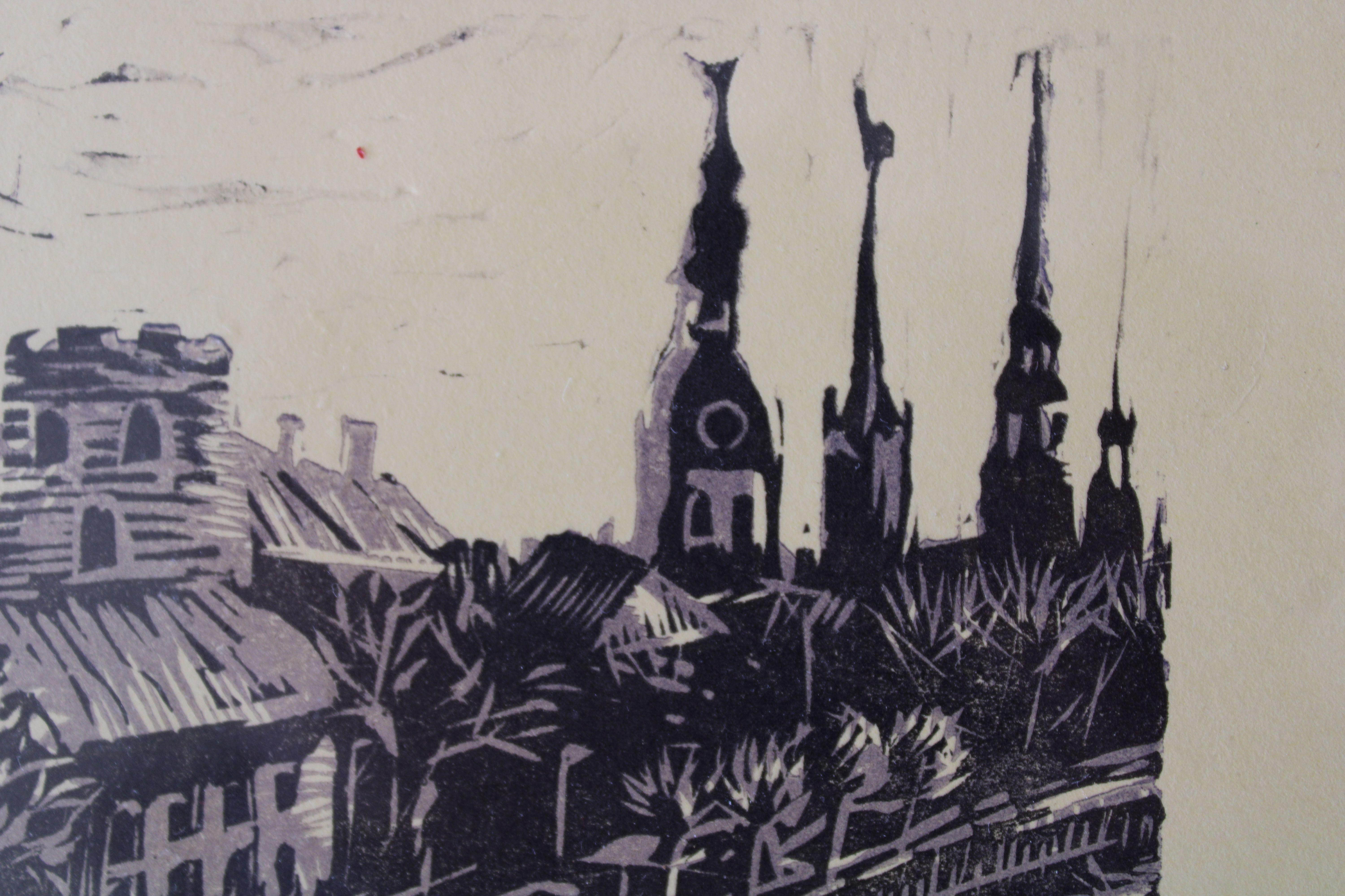 Daugava  2005, a/e paper, linocut, 14x10 cm - Impressionist Print by Jekaterina  Gryazeva