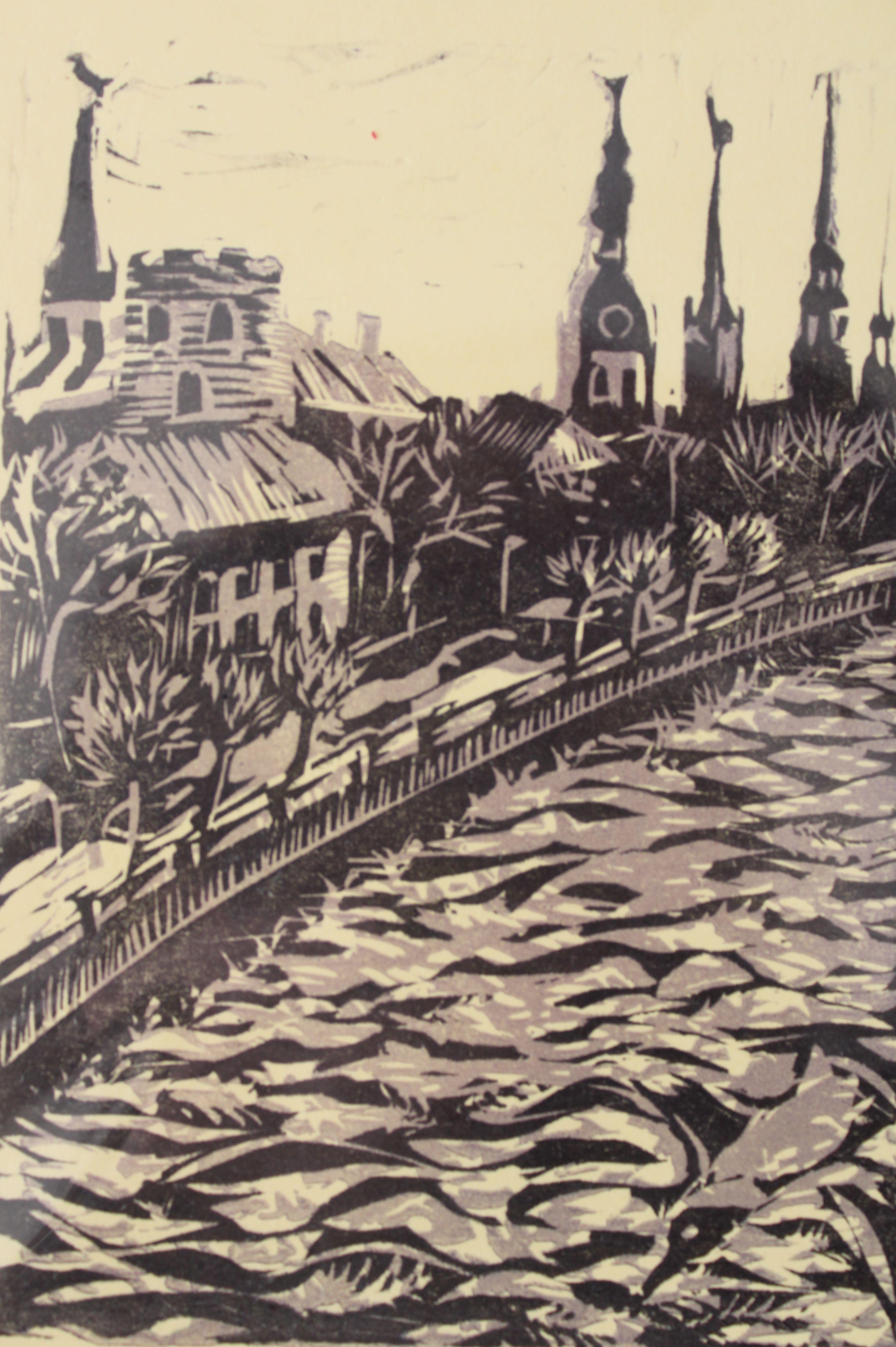 Daugava  2005, a/e paper, linocut, 14x10 cm - Print by Jekaterina  Gryazeva