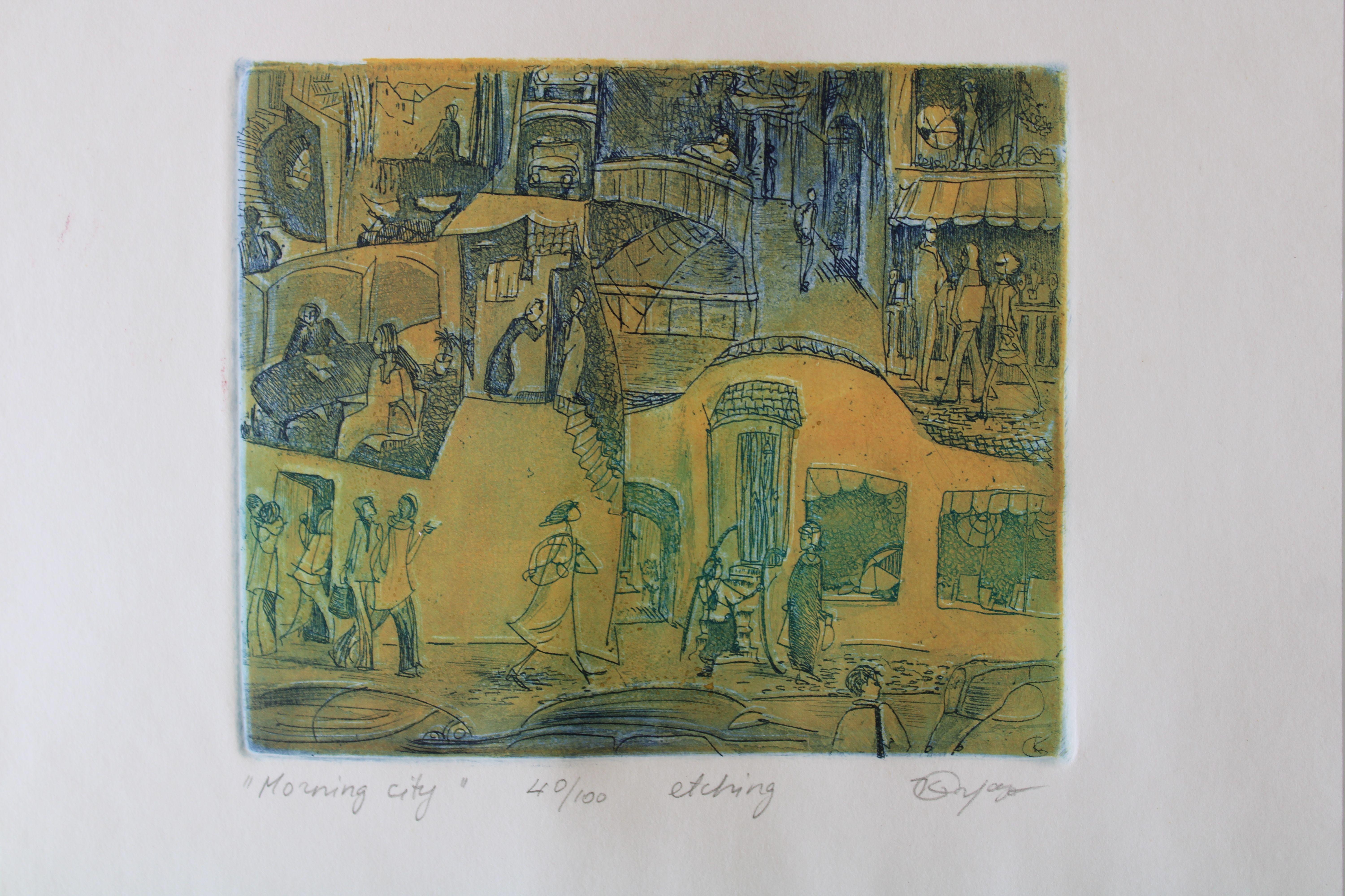 Morning city  2005, paper, etching, 14x16 cm, 40/100 - Print by Jekaterina  Gryazeva