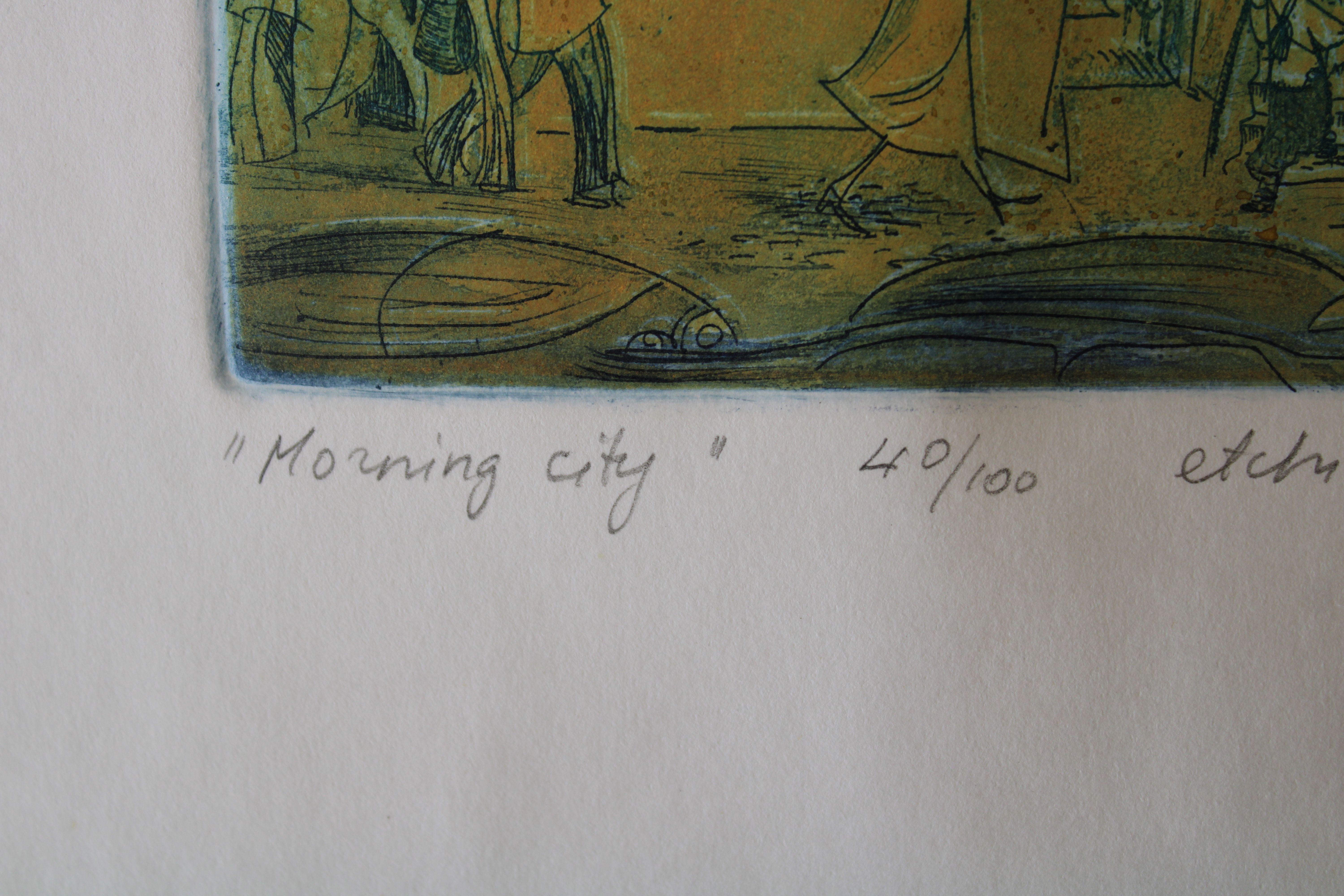 Morning city  2005, paper, etching, 14x16 cm, 40/100 For Sale 3