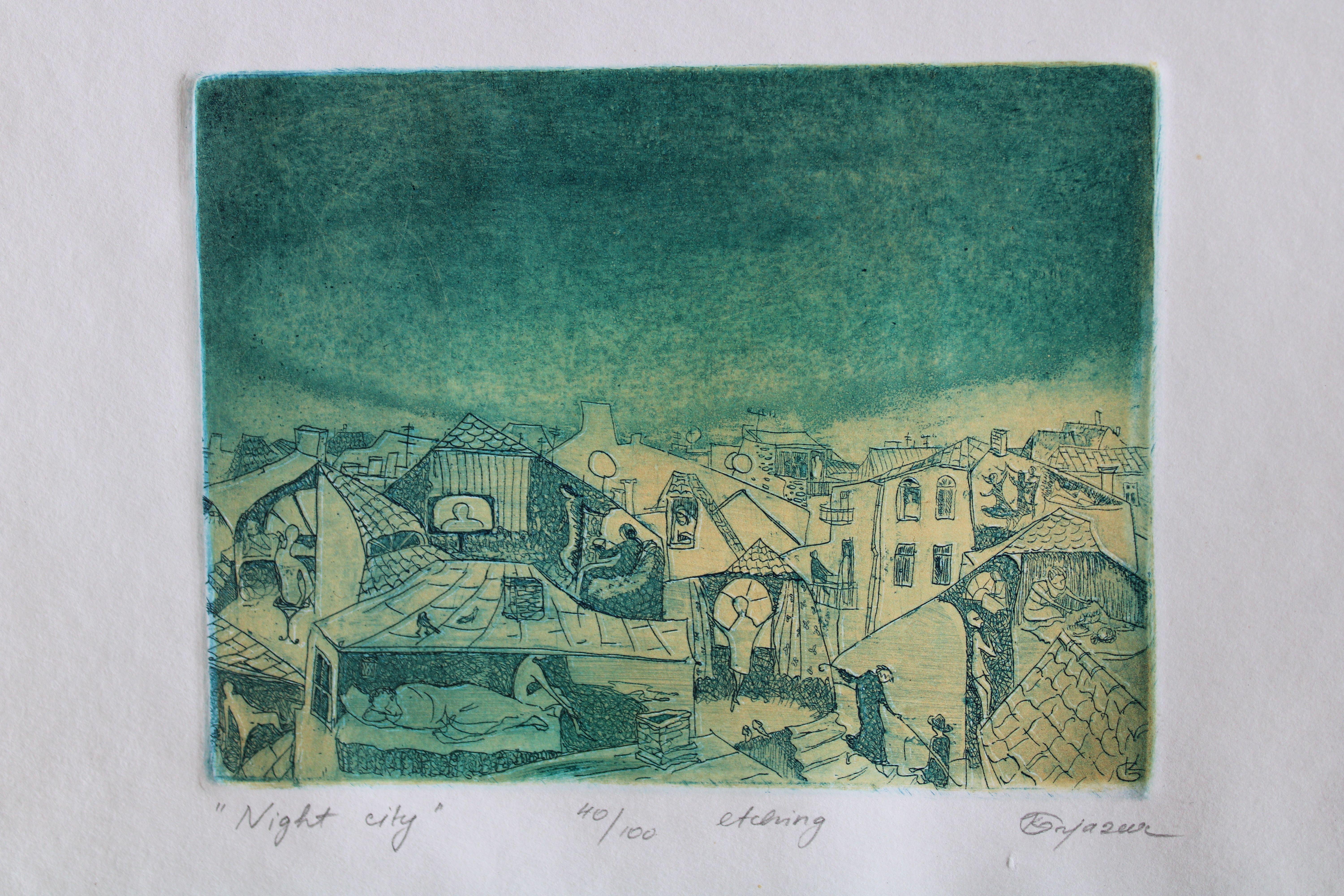 Ciudad nocturna  2005, papel, aguafuerte, 13x16 cm 40/100 - Print de Jekaterina  Gryazeva