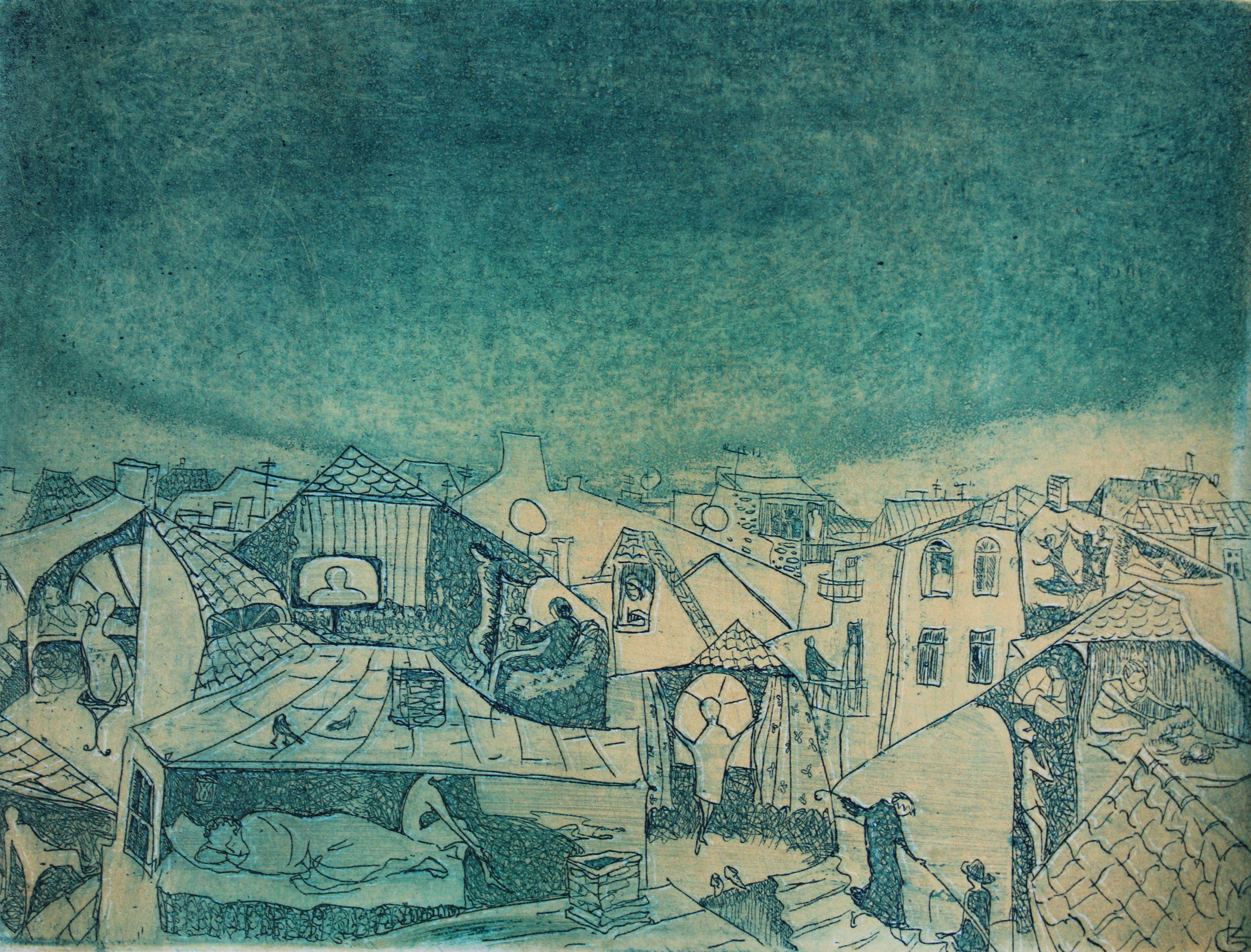 Jekaterina  Gryazeva Landscape Print - Night city  2005, paper, etching, 13x16 cm 40/100