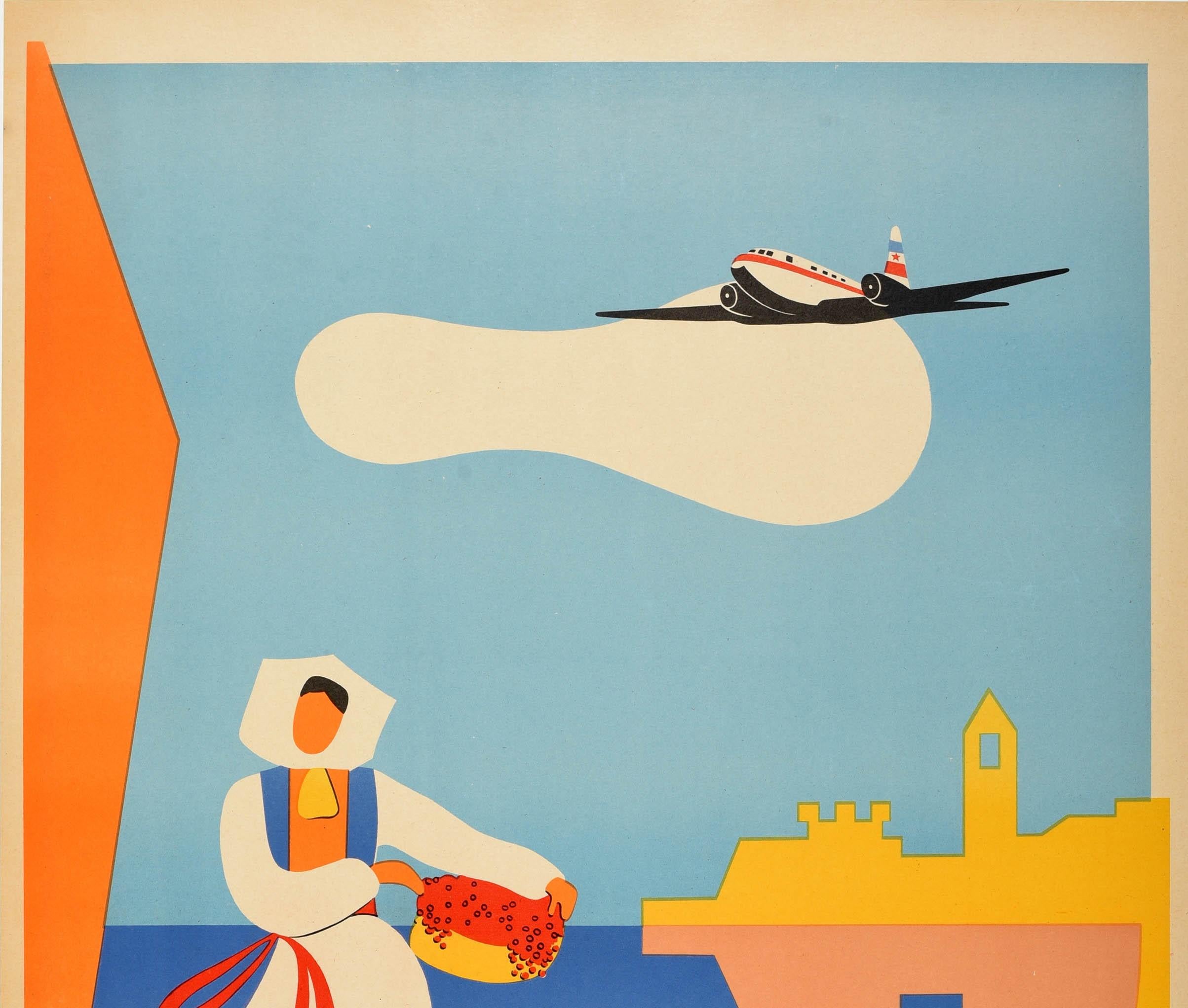 Original Vintage Poster Yougoslavie Yugoslavia Travel Plane Sea Flowers Design - Print by Jekpencho