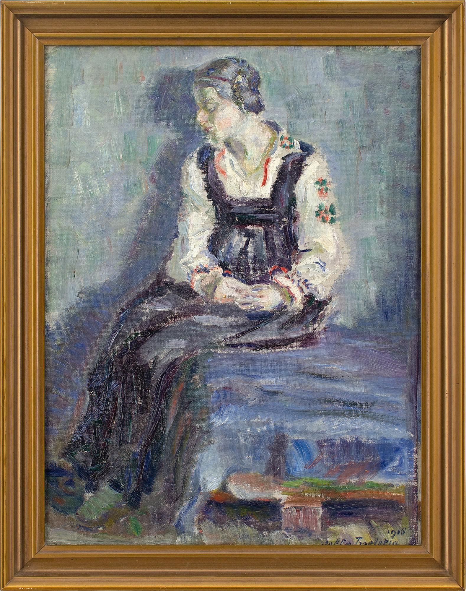 This early 20th-century oil painting by Dutch artist Jelle Troelstra (1891-1979) depicts a seated woman wearing a floral top and dark grey dress.

With eyes closed and hands held upon her lap, she’s decidedly restful. Rendered in a swirly abundance