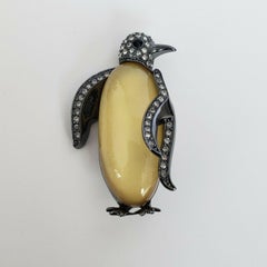 Vintage Jelly Belly and Crystal Penguin Mid-Century Modern Brooch Pin