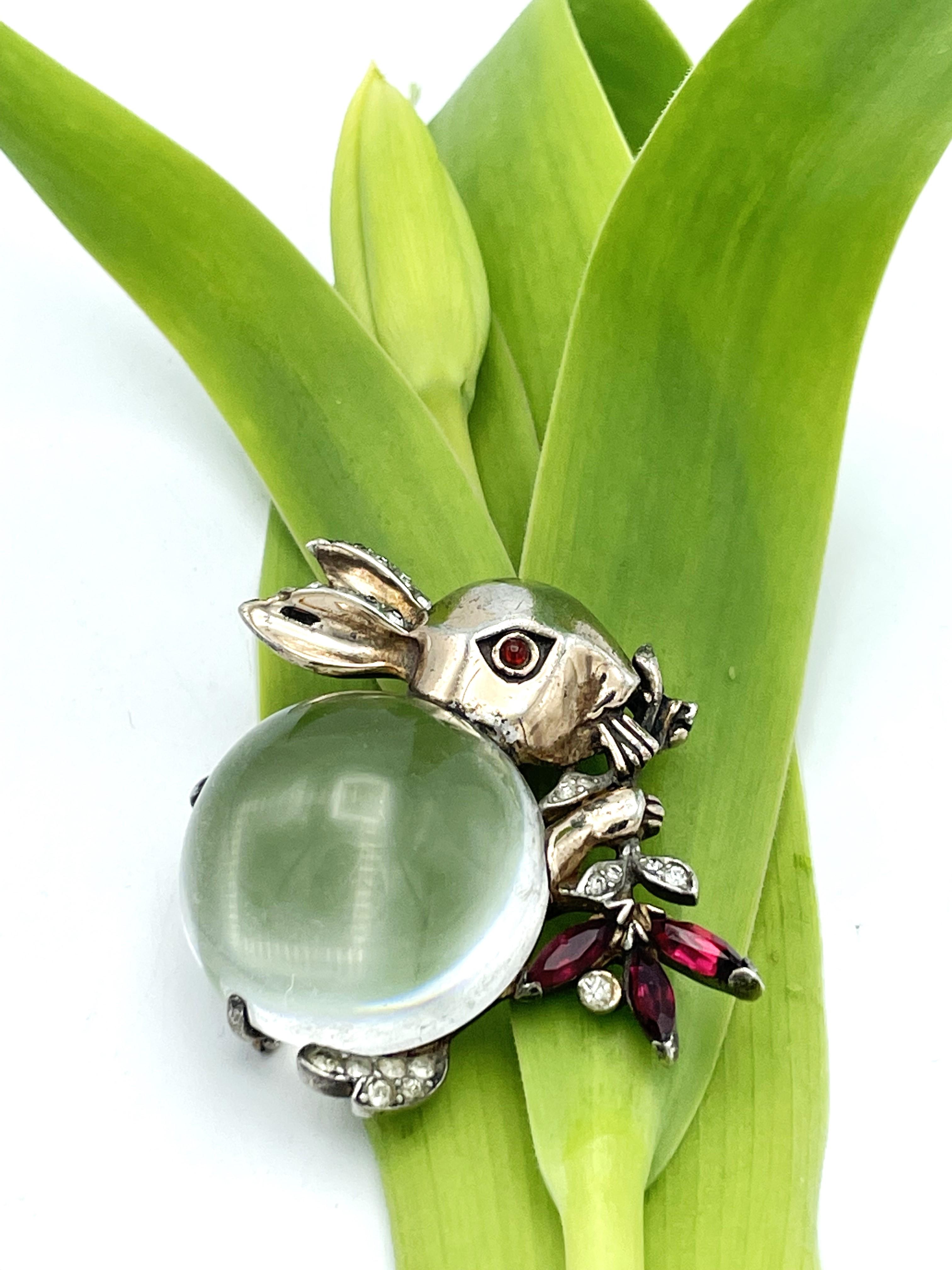 Women's or Men's JELLY BELLY RABBIT brooch by Trifari USA , sterling silver  gold plated, 1940s  For Sale