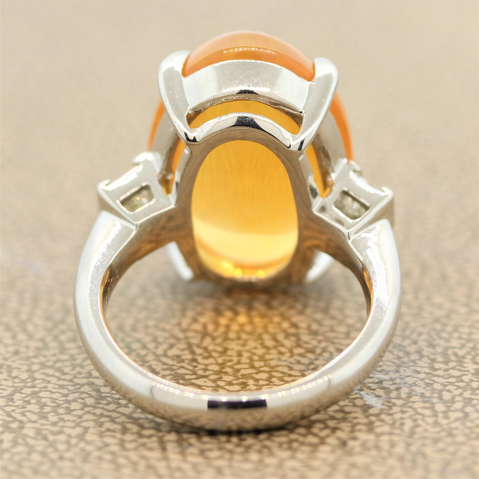 Cabochon Fire Opal Diamond Platinum 3-Stone Ring For Sale