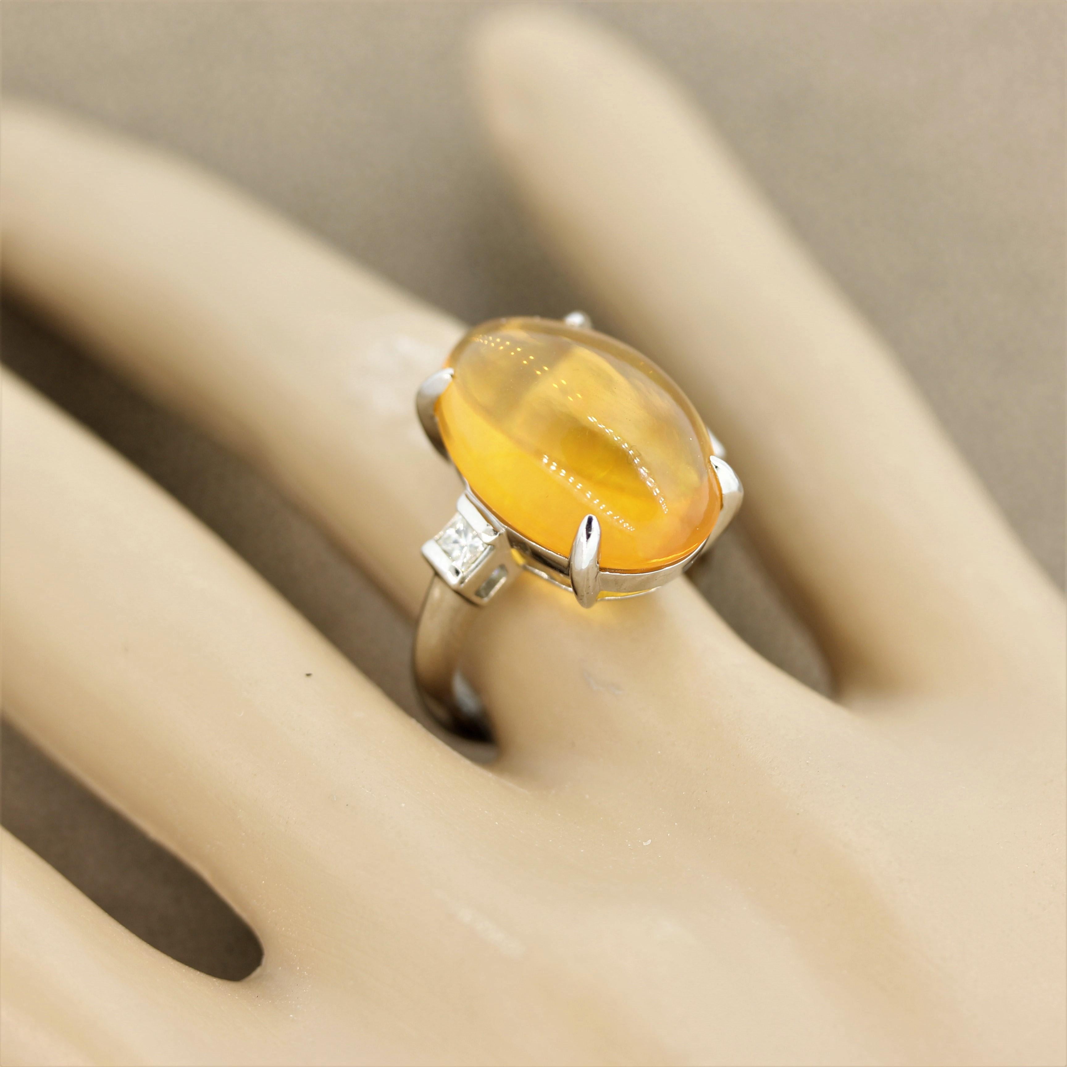Women's Fire Opal Diamond Platinum 3-Stone Ring For Sale