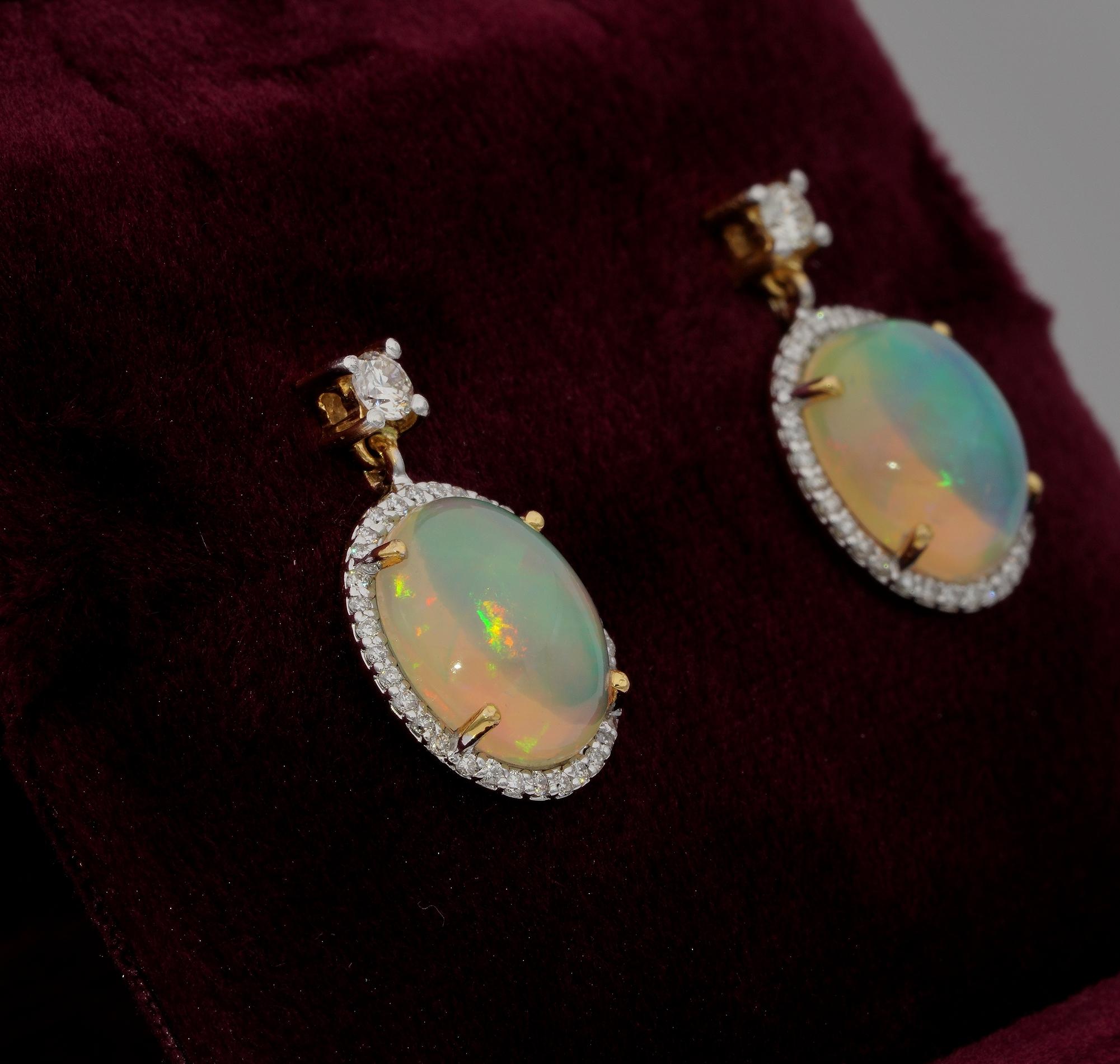 Cabochon Jelly Opal 4.20 Ct and Diamond Dangly Drop earrings For Sale