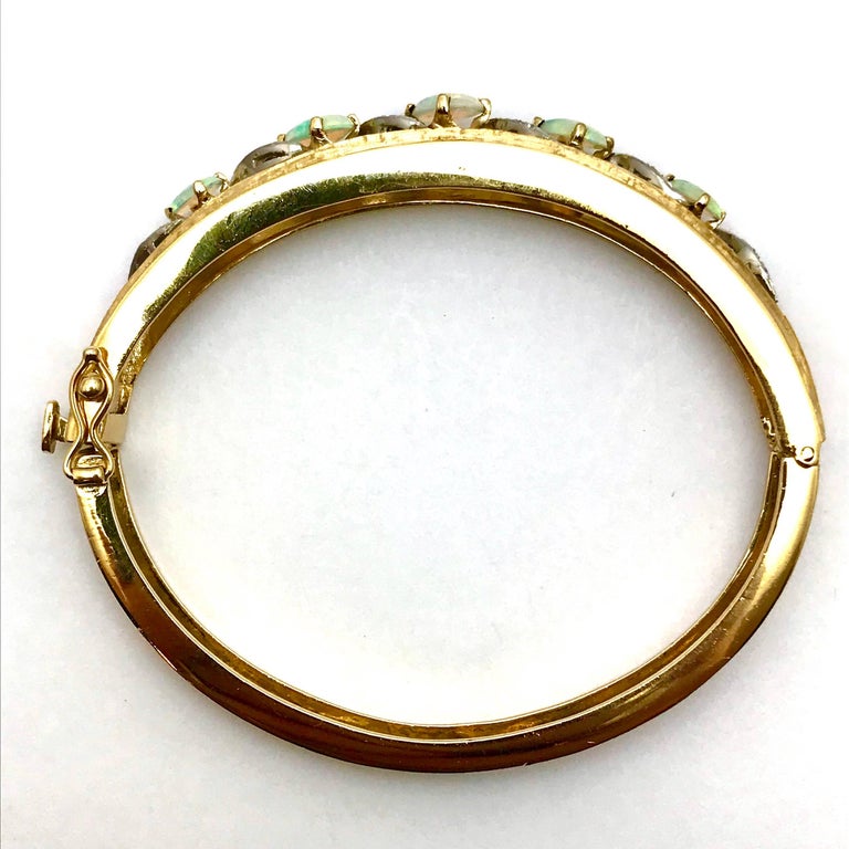 Jelly Opal and Diamond 14 Karat White and Yellow Gold Bangle Bracelet