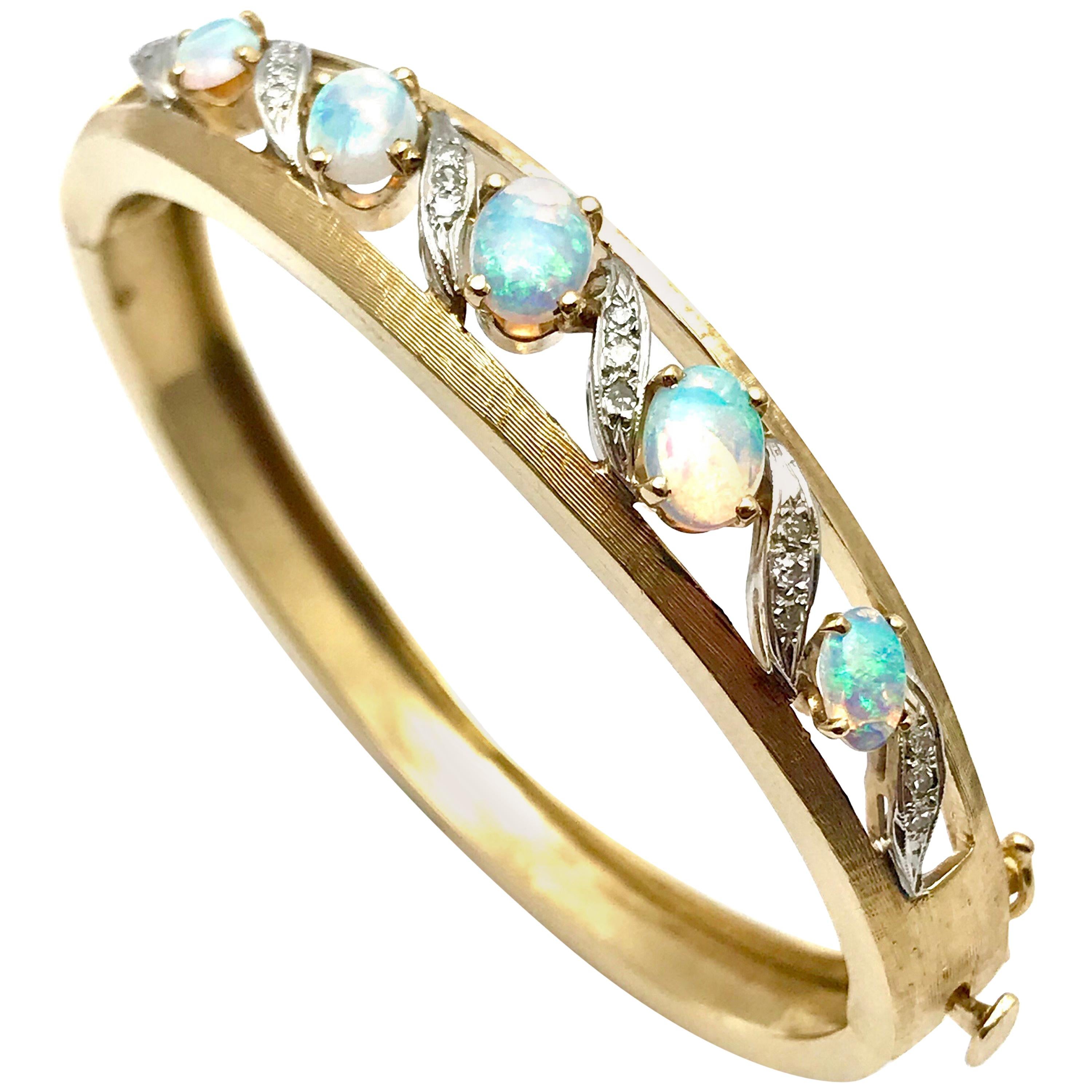 Jelly Opal and Diamond 14 Karat White and Yellow Gold Bangle Bracelet