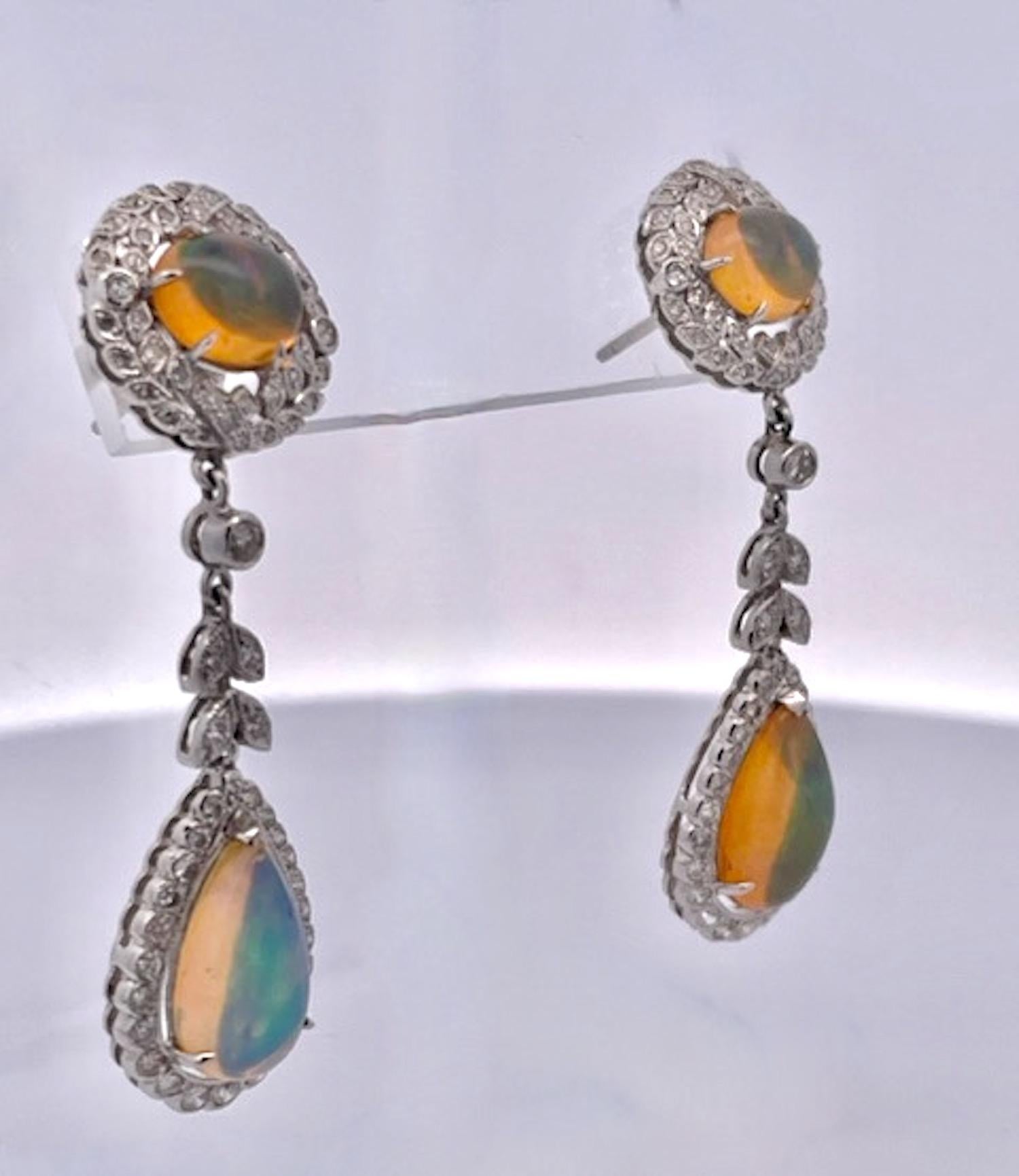 Modernist Jelly Opal Diamond Drop Earrings 18K For Sale