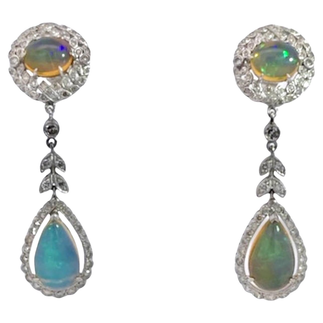 Jelly Opal Diamond Drop Earrings 18K For Sale