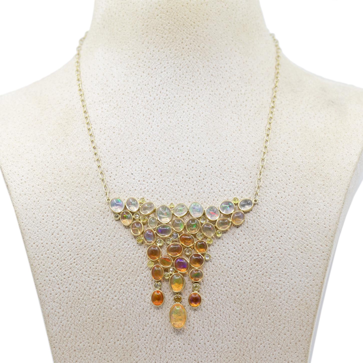 Cabochon Jelly Opal + Fire Opal Rose-Cut Multicolored Diamond Gold Necklace, Kothari 2023 For Sale