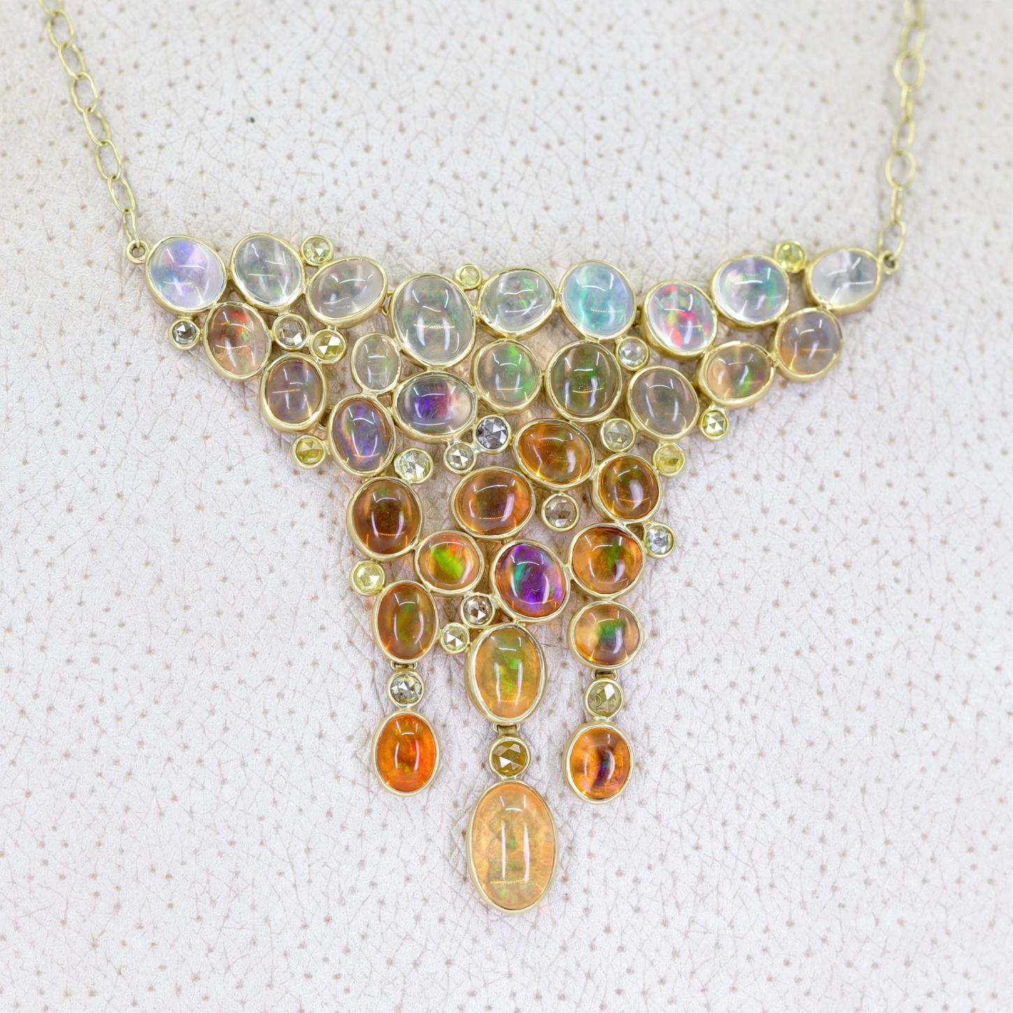 Women's Jelly Opal + Fire Opal Rose-Cut Multicolored Diamond Gold Necklace, Kothari 2023 For Sale