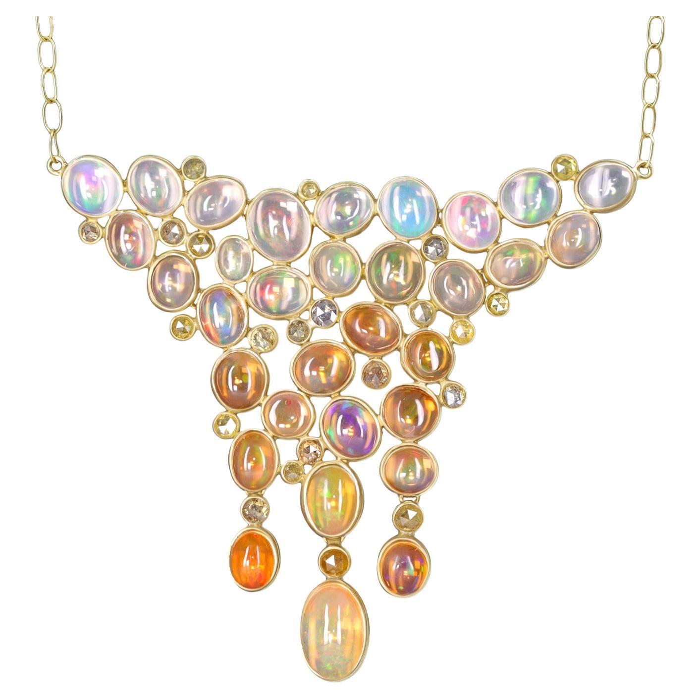 Jelly Opal + Fire Opal Rose-Cut Multicolored Diamond Gold Necklace, Kothari 2023 For Sale