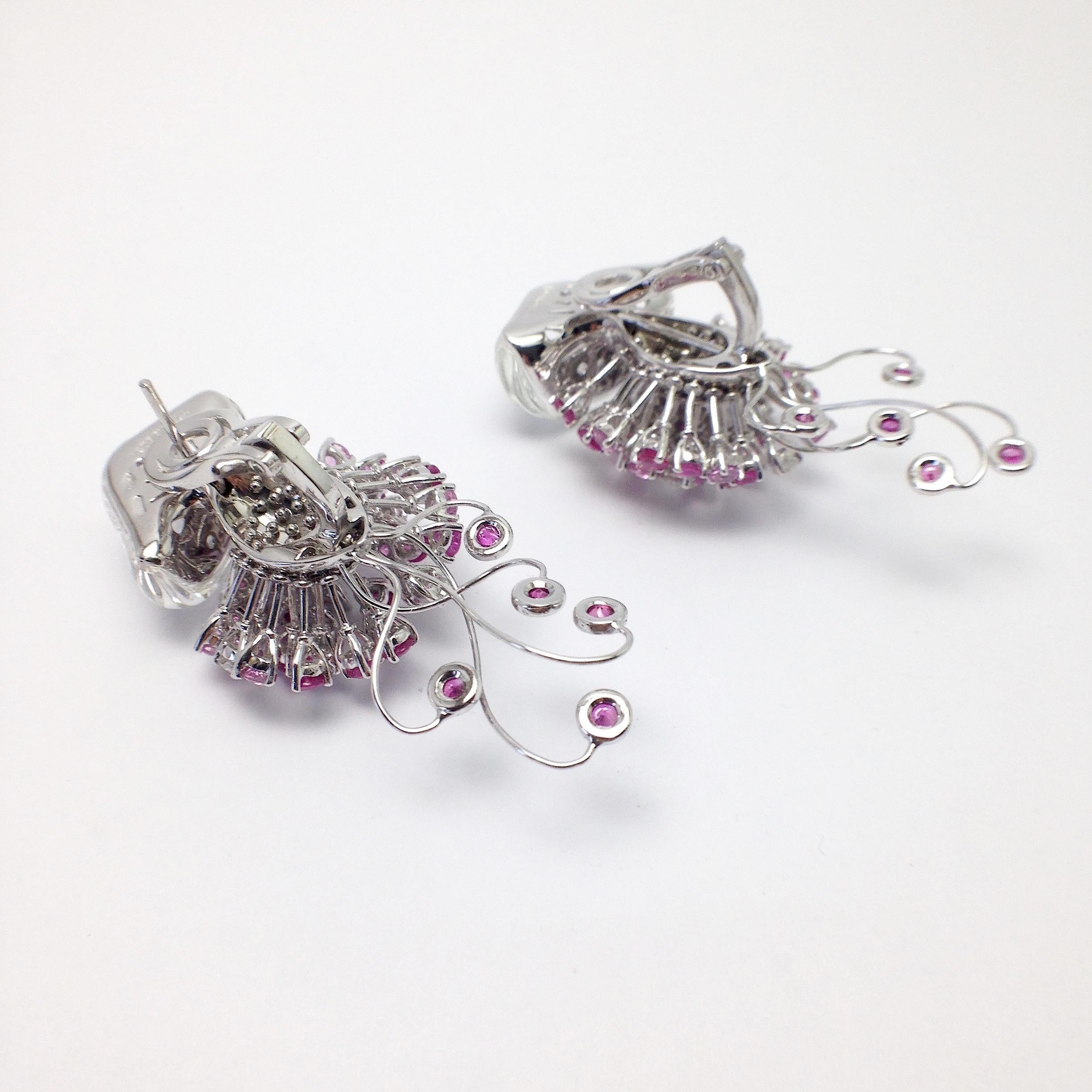 Round Cut Jellyfish Diamond Ruby Pink Sapphire Rock Crystal White 18 Kt Gold Drop Earrings For Sale