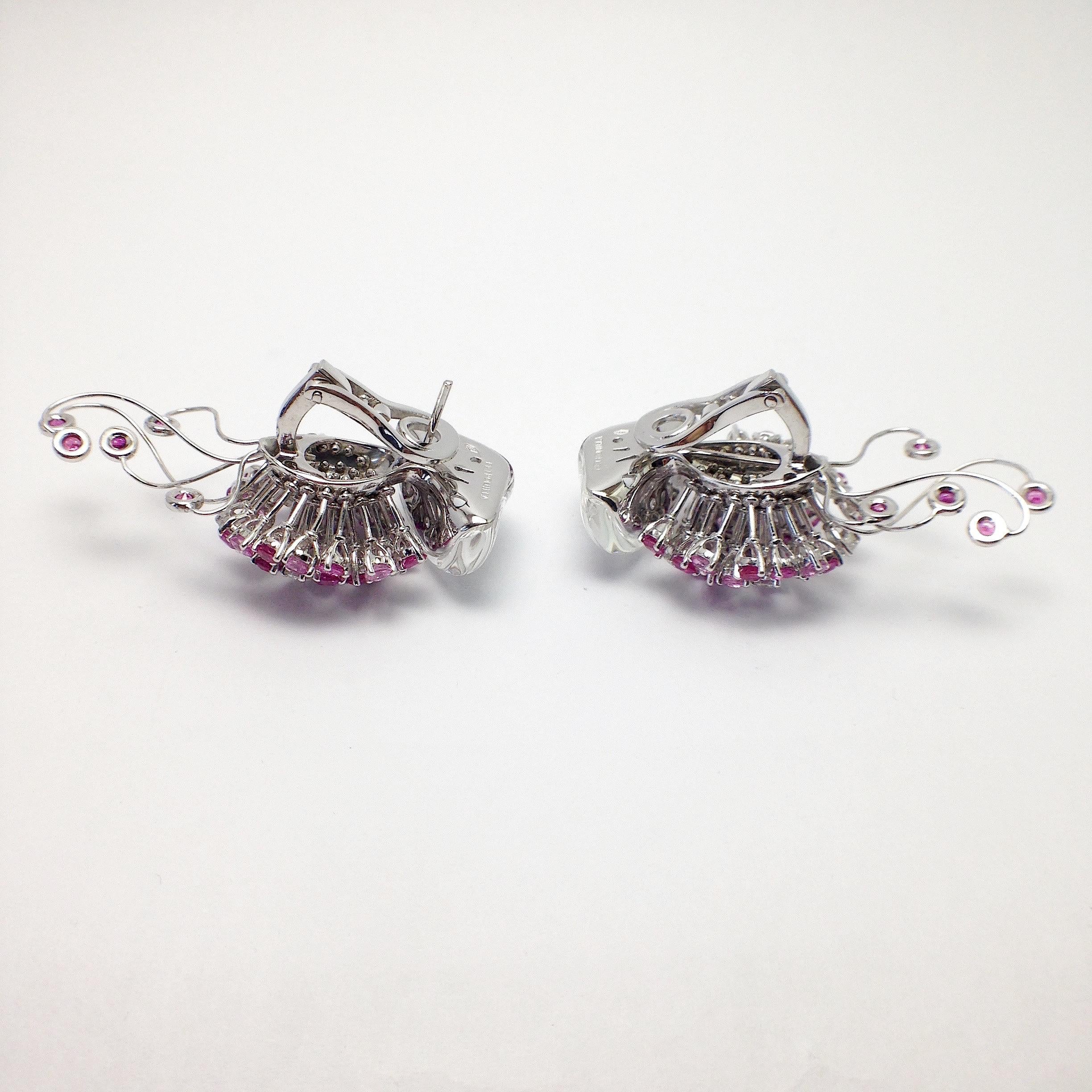 Jellyfish Diamond Ruby Pink Sapphire Rock Crystal White 18 Kt Gold Drop Earrings In New Condition For Sale In Bussolengo, Verona