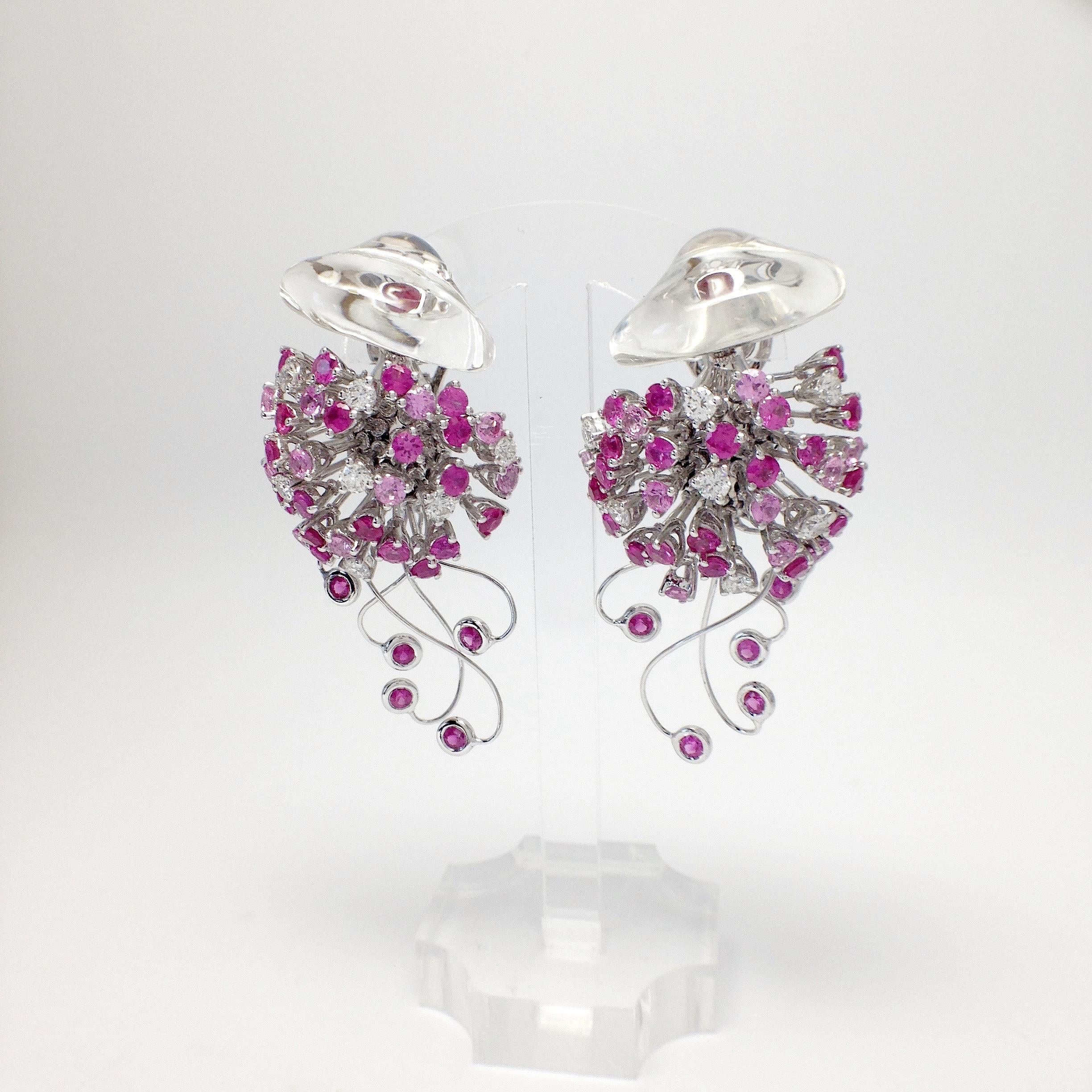 Women's Jellyfish Diamond Ruby Pink Sapphire Rock Crystal White 18 Kt Gold Drop Earrings For Sale