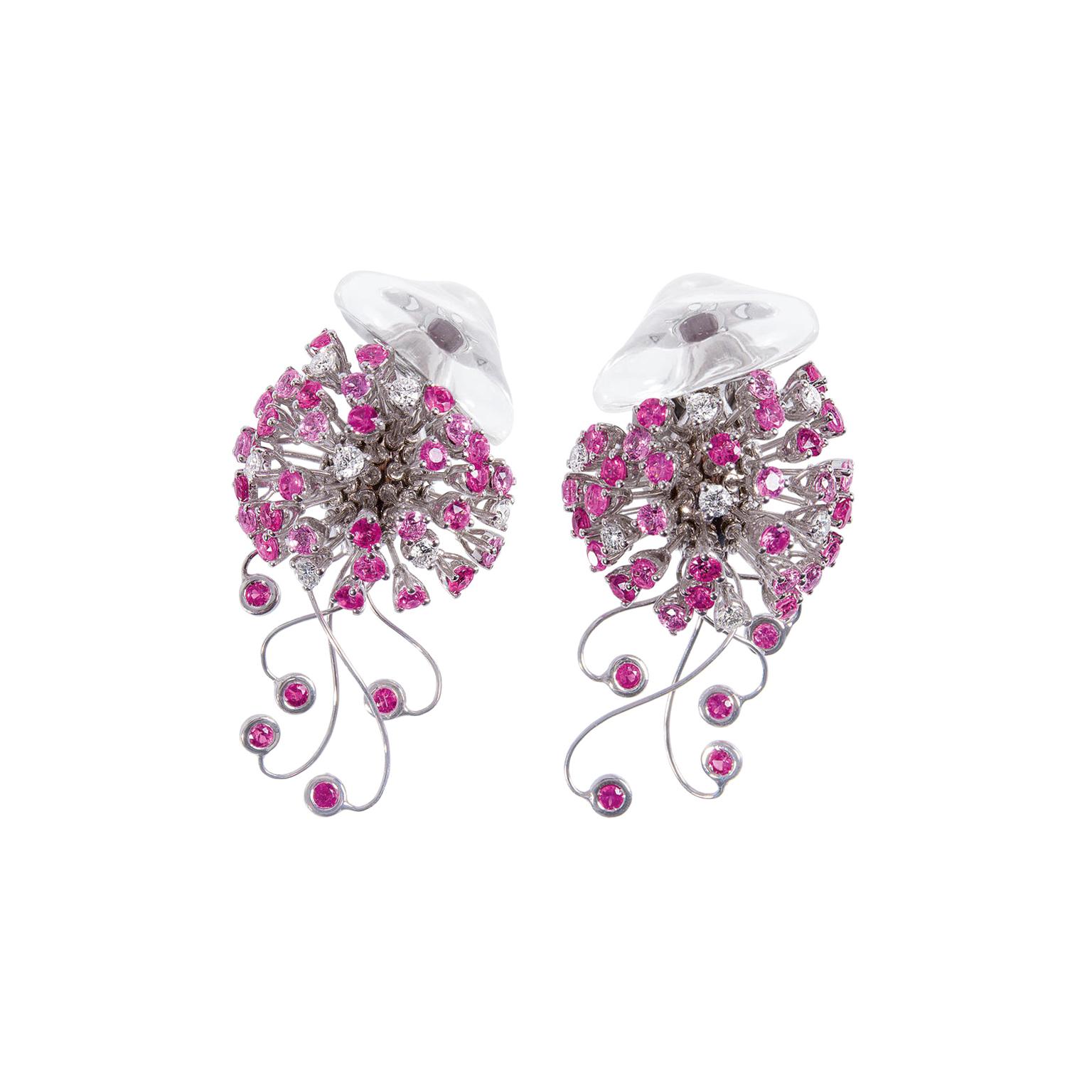 Jellyfish Diamond Ruby Pink Sapphire Rock Crystal White 18 Kt Gold Drop Earrings For Sale