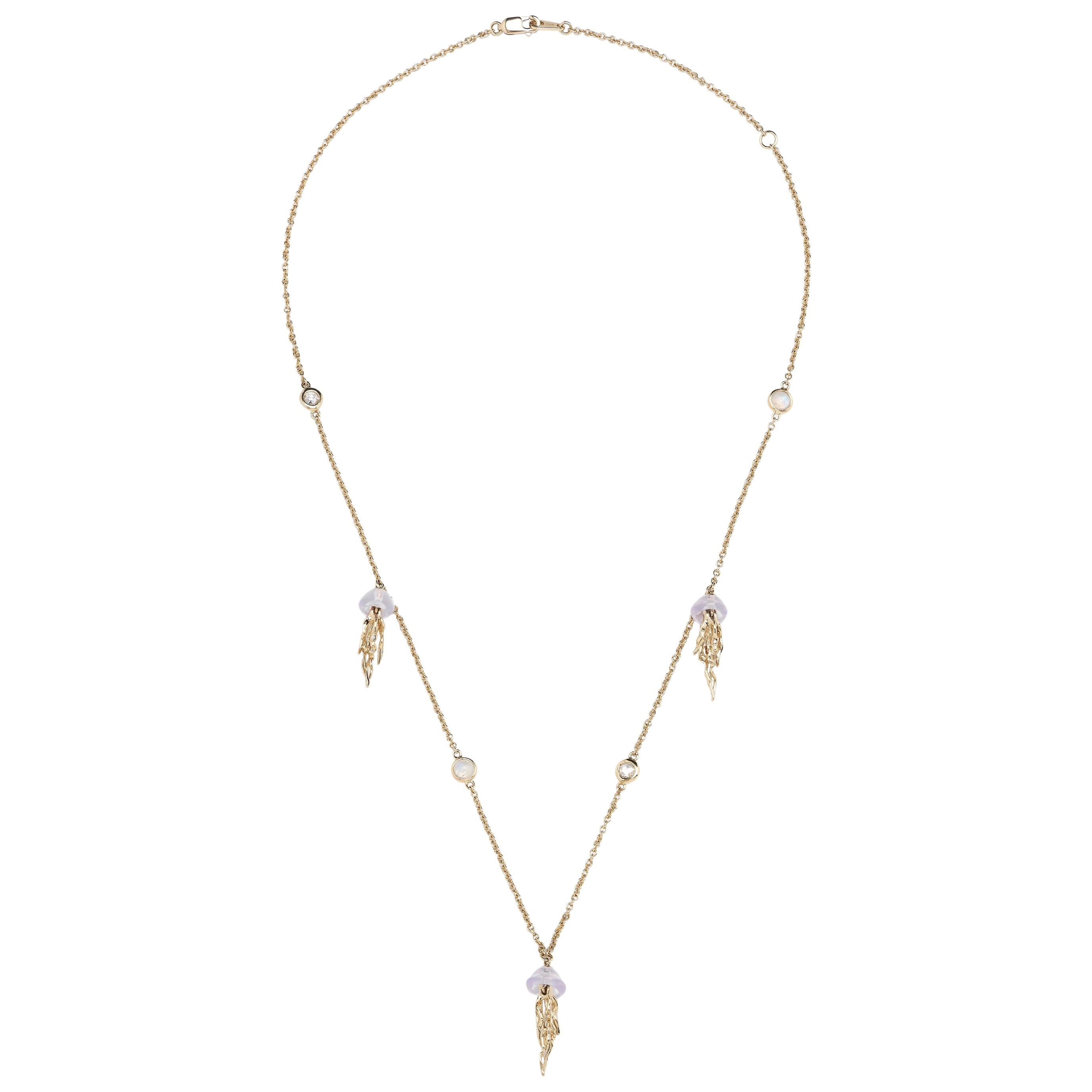 18 Karat Yellow Gold Moonstone Diamond Jellyfish Necklace For Sale
