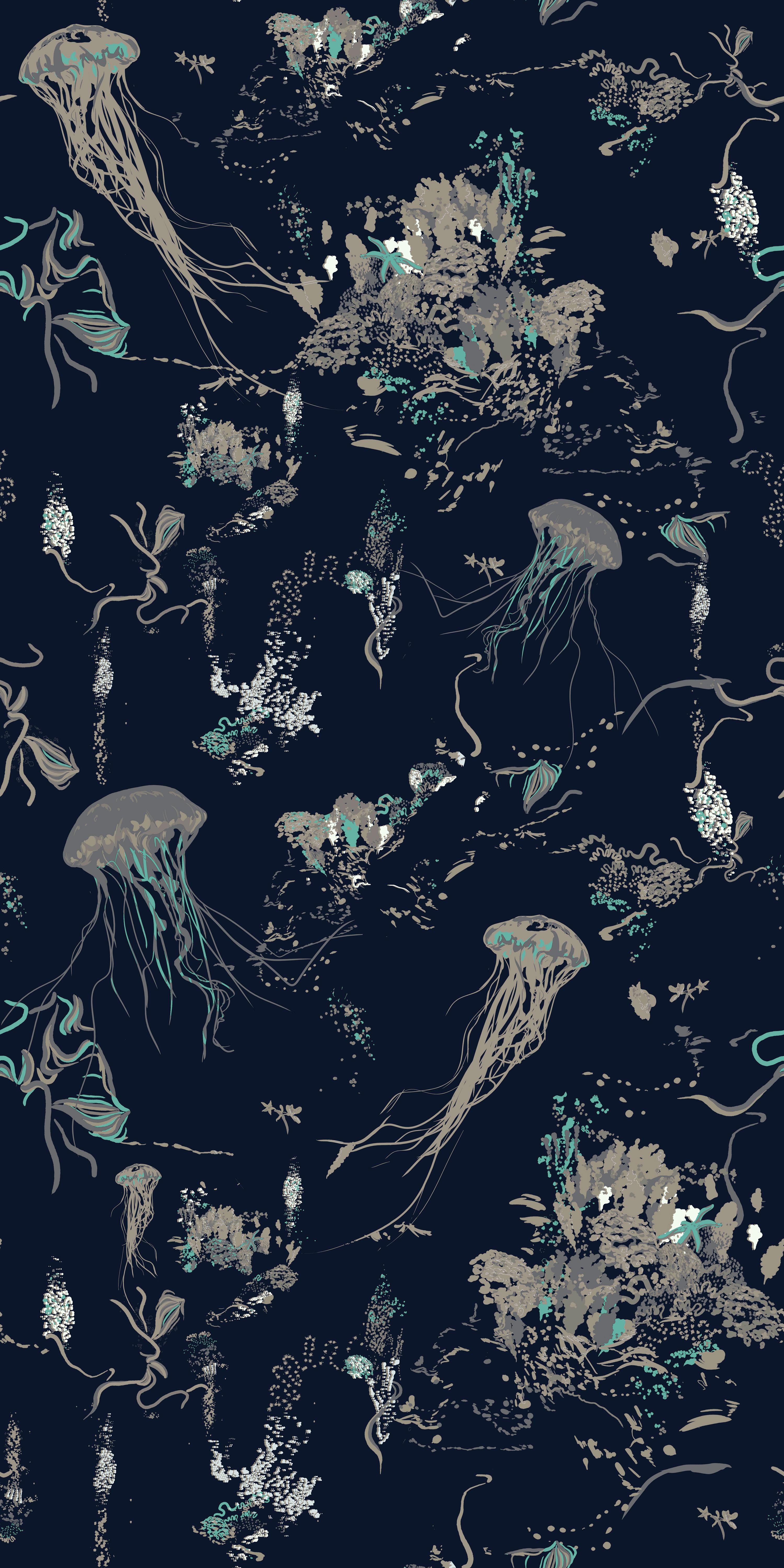 British Jellyfish Wallpaper in Navy by 17 Patterns For Sale