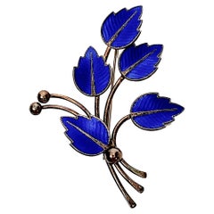 Vintage Jemax Denmark Sterling Silver Gold Plated Blue Enamel Leaf Pin/Brooch