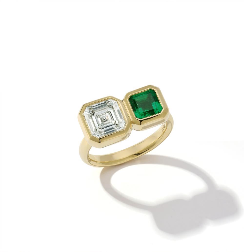 Jemma Wynne Asscher cut Diamond and Emerald Duo Ring For Sale