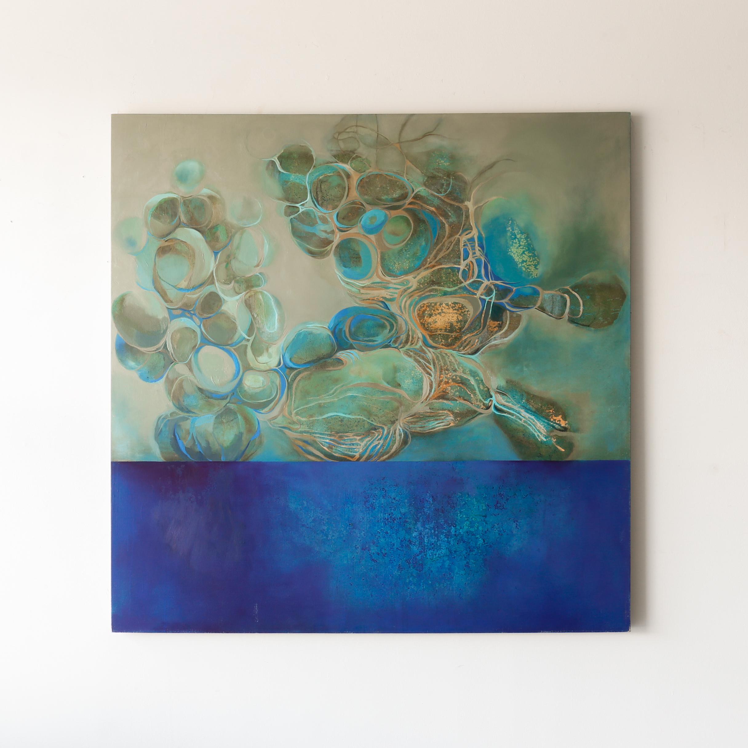 Contortionist by artist Jen Bradford is a contemporary abstract blue, light blue, and turquoise that measures 60 x 60 and is priced at $6,800

Several themes recur as a private narrative while I work, but aren’t always explicit. They include ideas