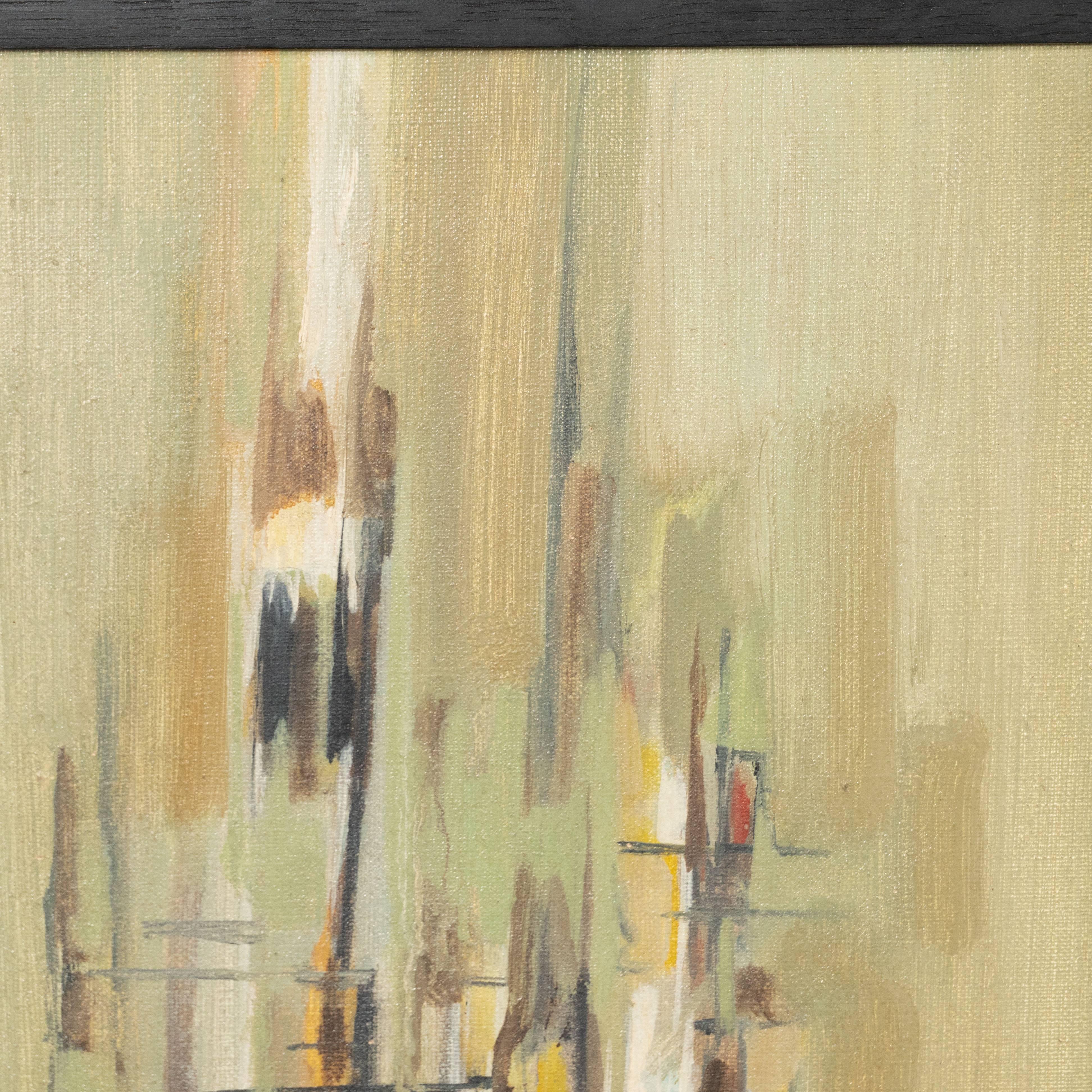 Cette peinture abstraite sophistiquée a été réalisée par l'estimée artiste du milieu du siècle, Jen Brisson, en 1961. Il présente une composition abstraite en forme de grille créée par des traits verticaux et horizontaux entrecroisés, dans des tons