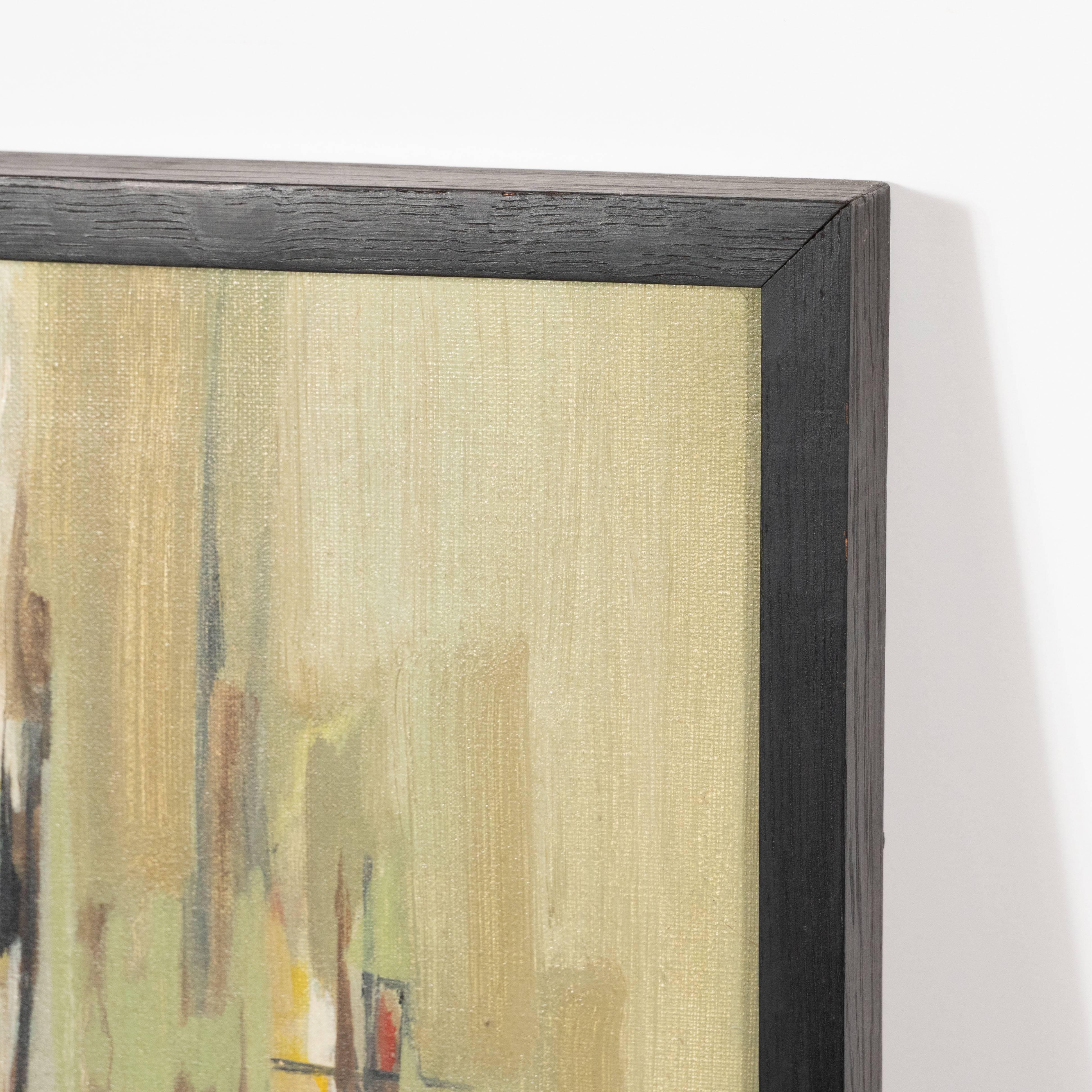 This sophisticated abstract painting was realized by the esteemed Mid Century artist, Jen Brisson in 1961. It features an abstract grid like composition created by intersecting vertical and horizontal strokes rendered in tones of olive, moss, umber,