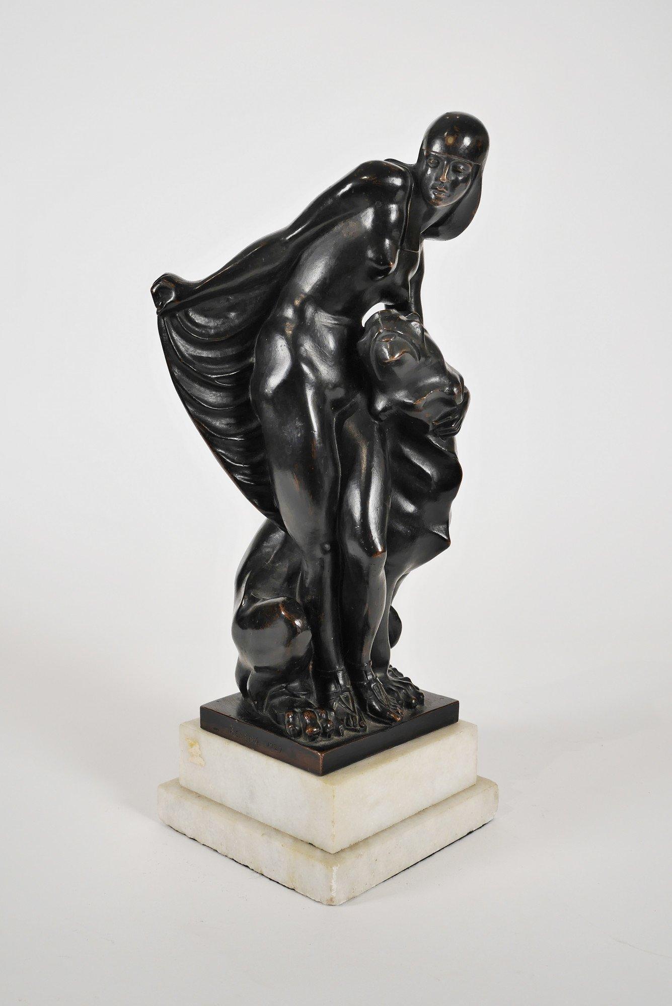 The Lion Tamer, 20th century European bronze female figure, Hungarian artist For Sale 3