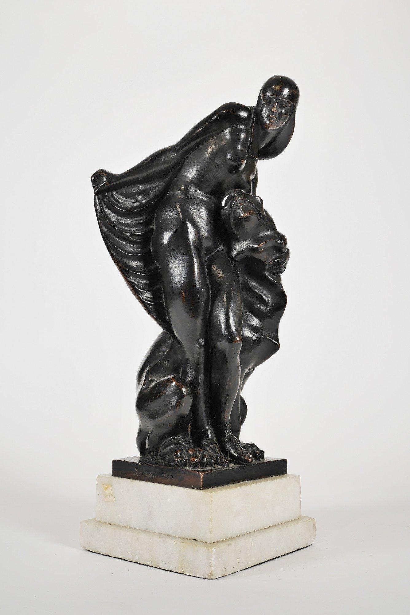 Jenő Kerényi Figurative Sculpture - The Lion Tamer, 20th century European bronze female figure, Hungarian artist