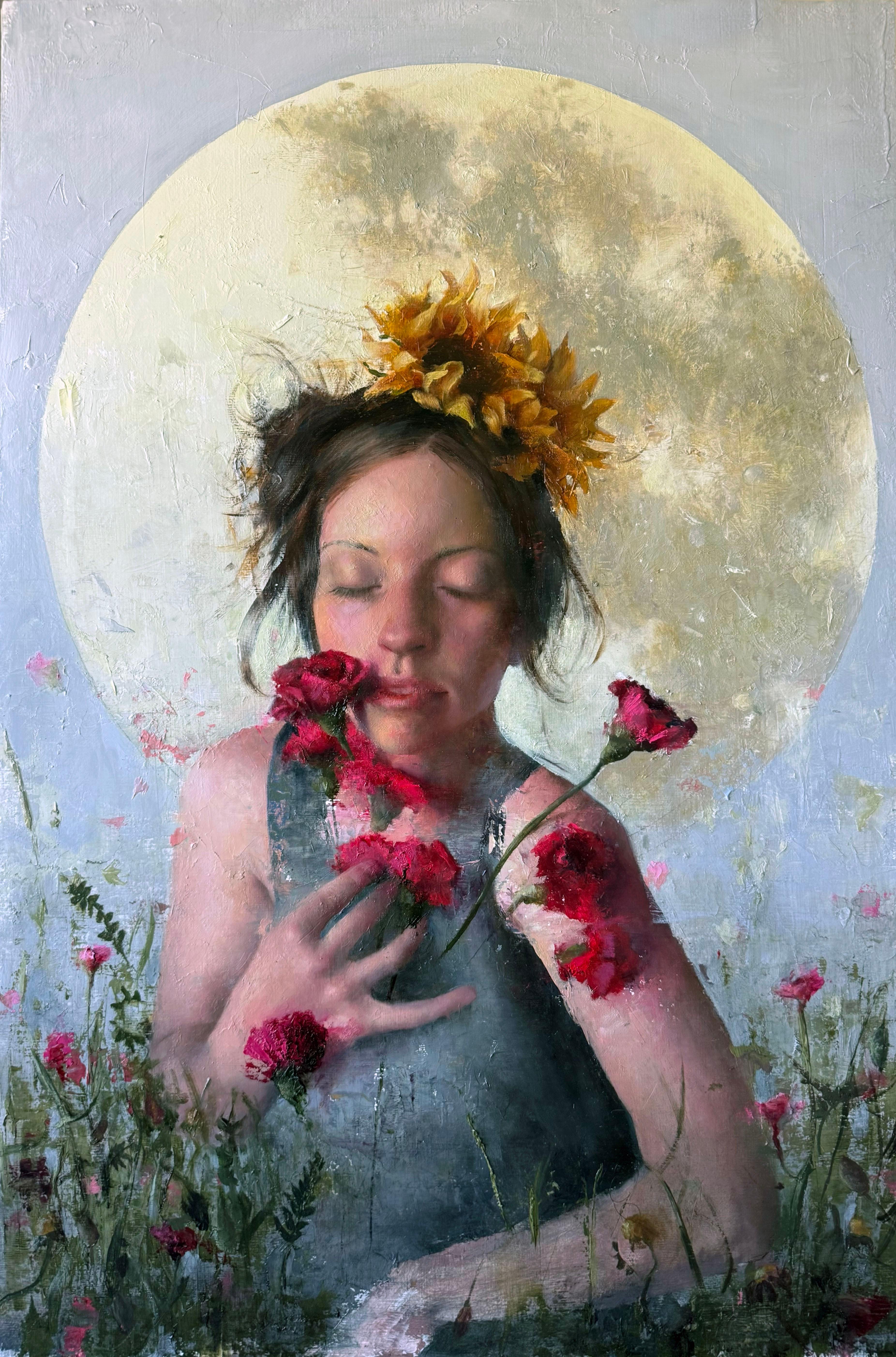 "Dolce resa" - Ritratto femminile surrealista, pittura a olio su pannello