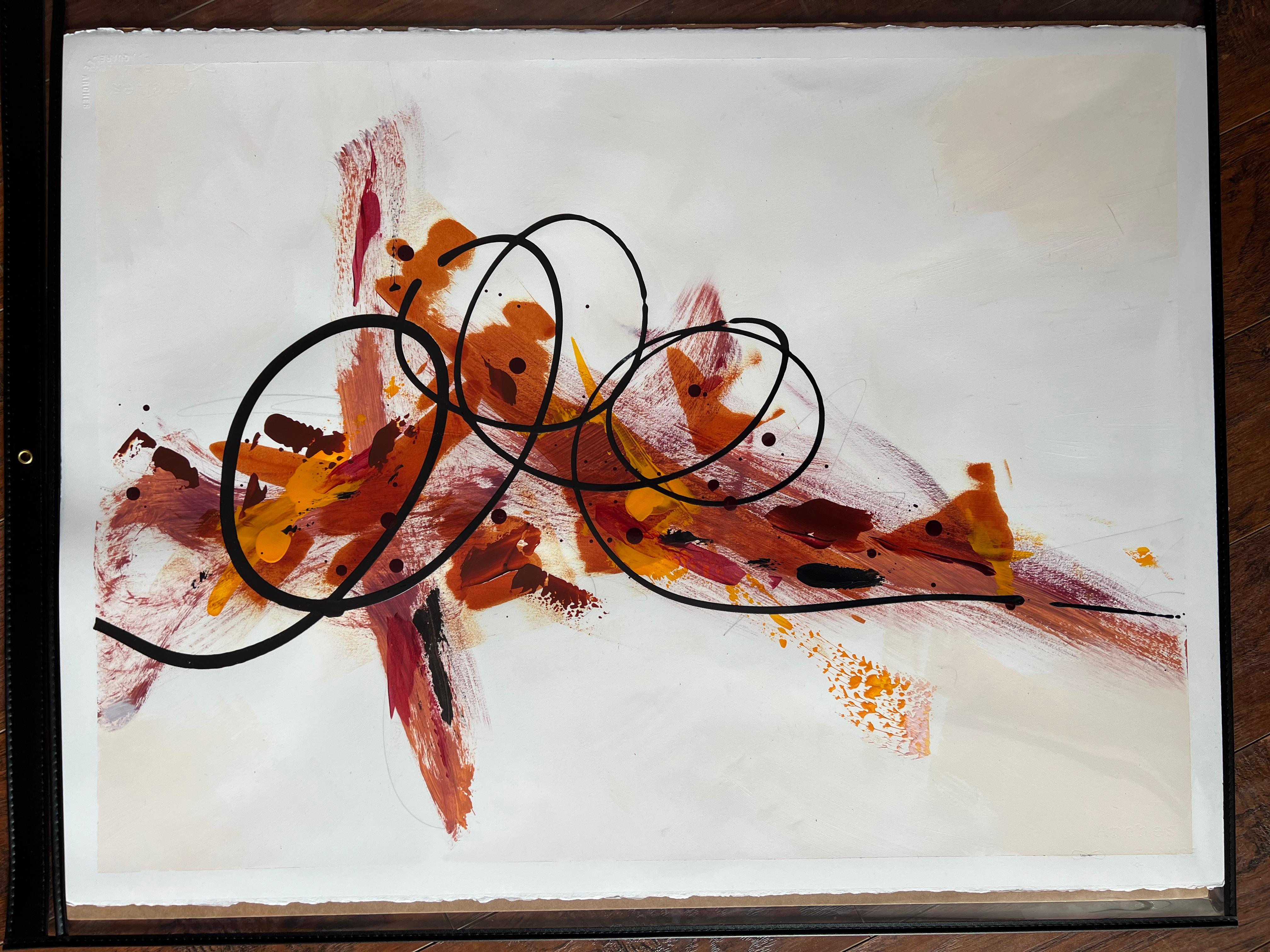 Jump For Joy, Original Contemporary Minimal Orange Energetic Abstract Painting
30x23 (HxW), Acrylic Paint

There is something faintly figurative about this abstract gestural work by artist Jen Sterling. A warm color palette of orange and red breathe