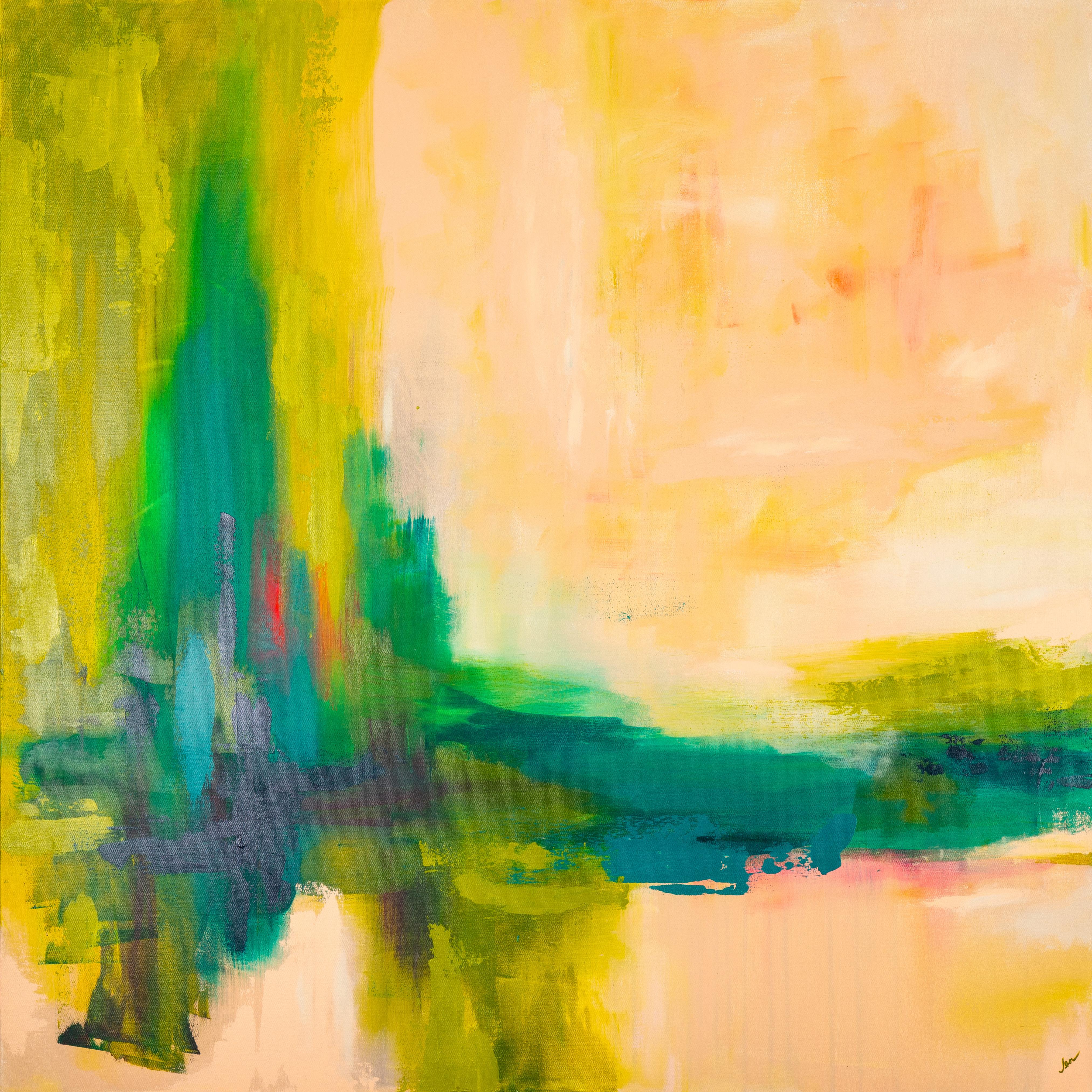 Jen Sterling Abstract Painting – Sunrise On The Lake, Original Contemporary Bold Abstract Landscape Painting