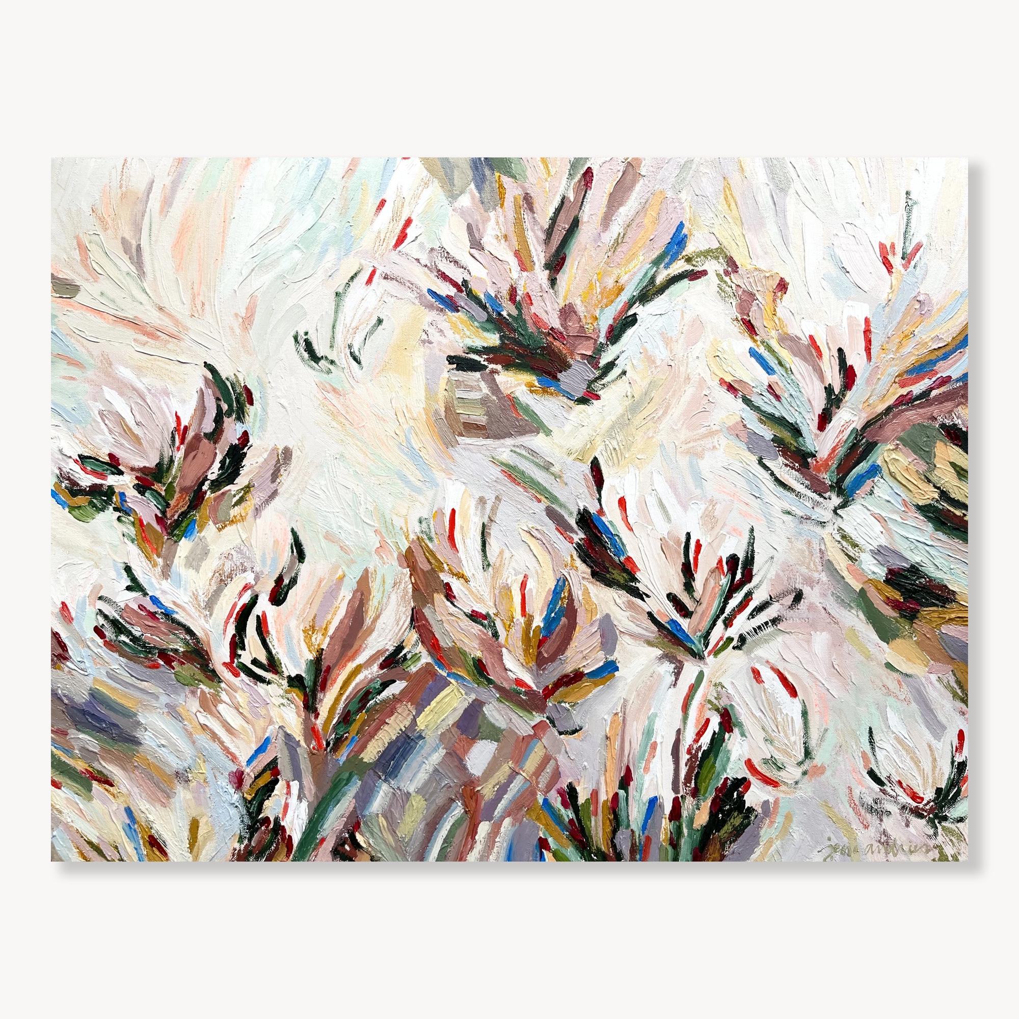 Jeni Andries Abstract Painting - Peacock: Floral Abstract Oil Painting on Canvas, 20x26 Inches, 2010s