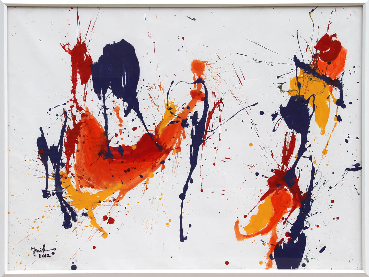 Une peinture acrylique de Jenik Cook datant de 2012. Une peinture de style expressionniste abstrait aux teintes contrastées et colorées utilisant la méthode de la peinture par éclaboussures. Signé dans le coin inférieur gauche, dans un cadre