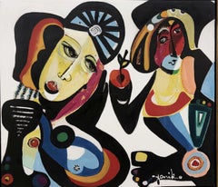 Sharing the fruit, contemporary acrylic painting.