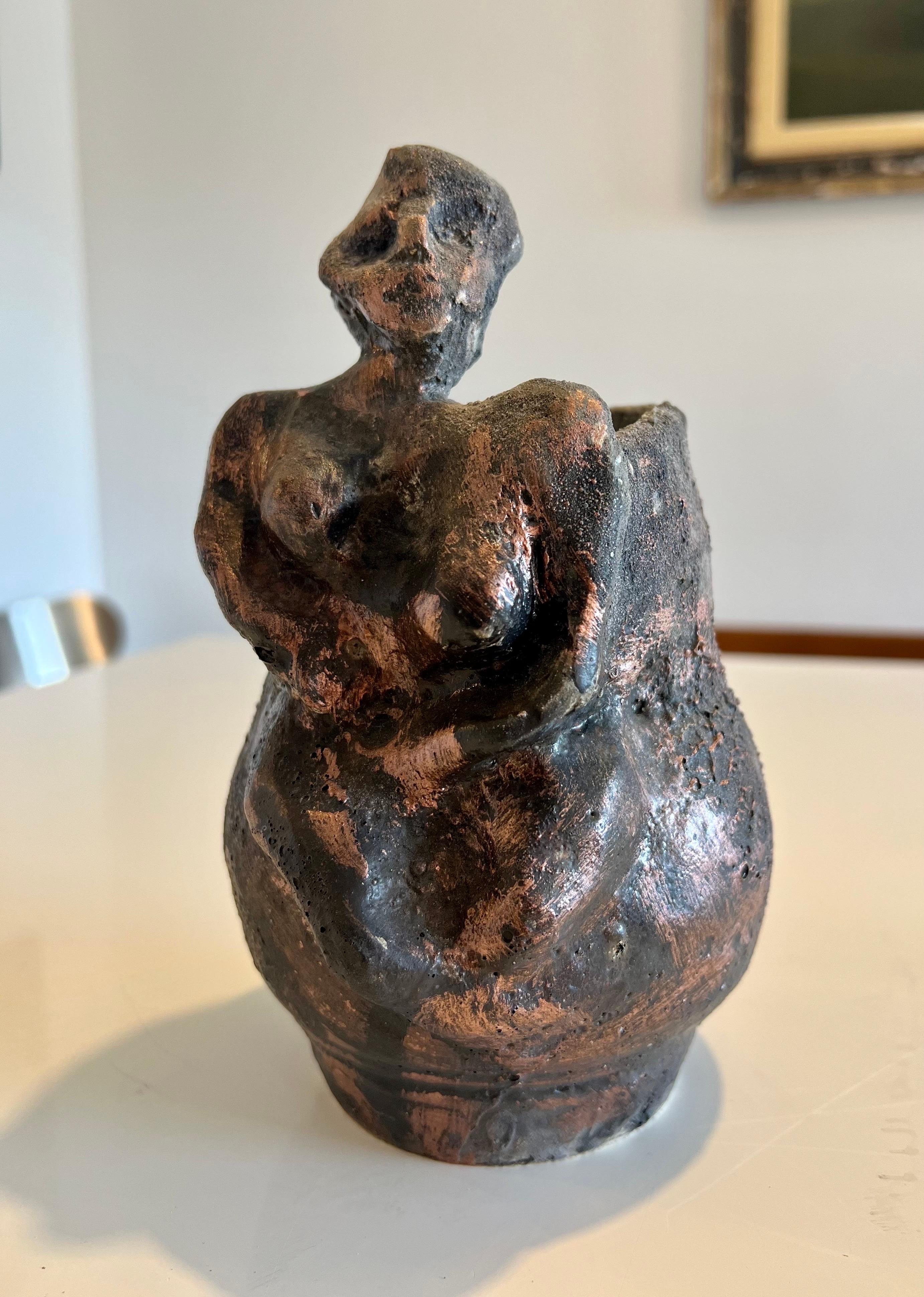 Brutalist Ceramic Sculpture Vase Bronze Lustre FInish California Expressionist For Sale 4