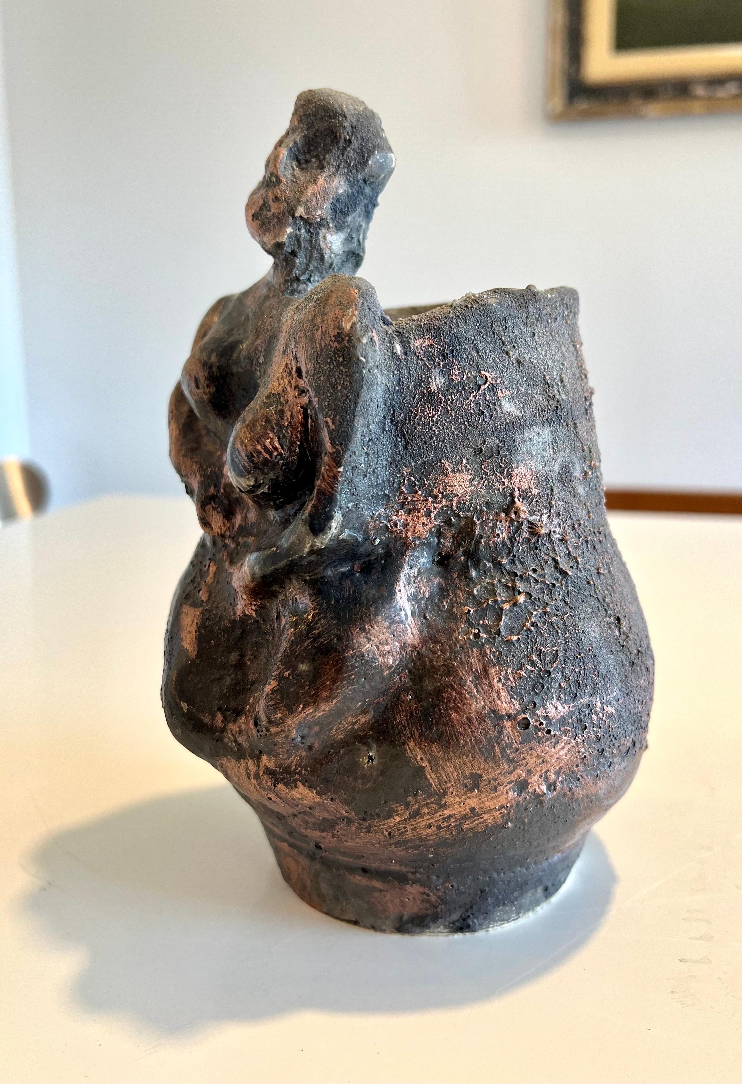 Brutalist Ceramic Sculpture Vase Bronze Lustre FInish California Expressionist For Sale 5