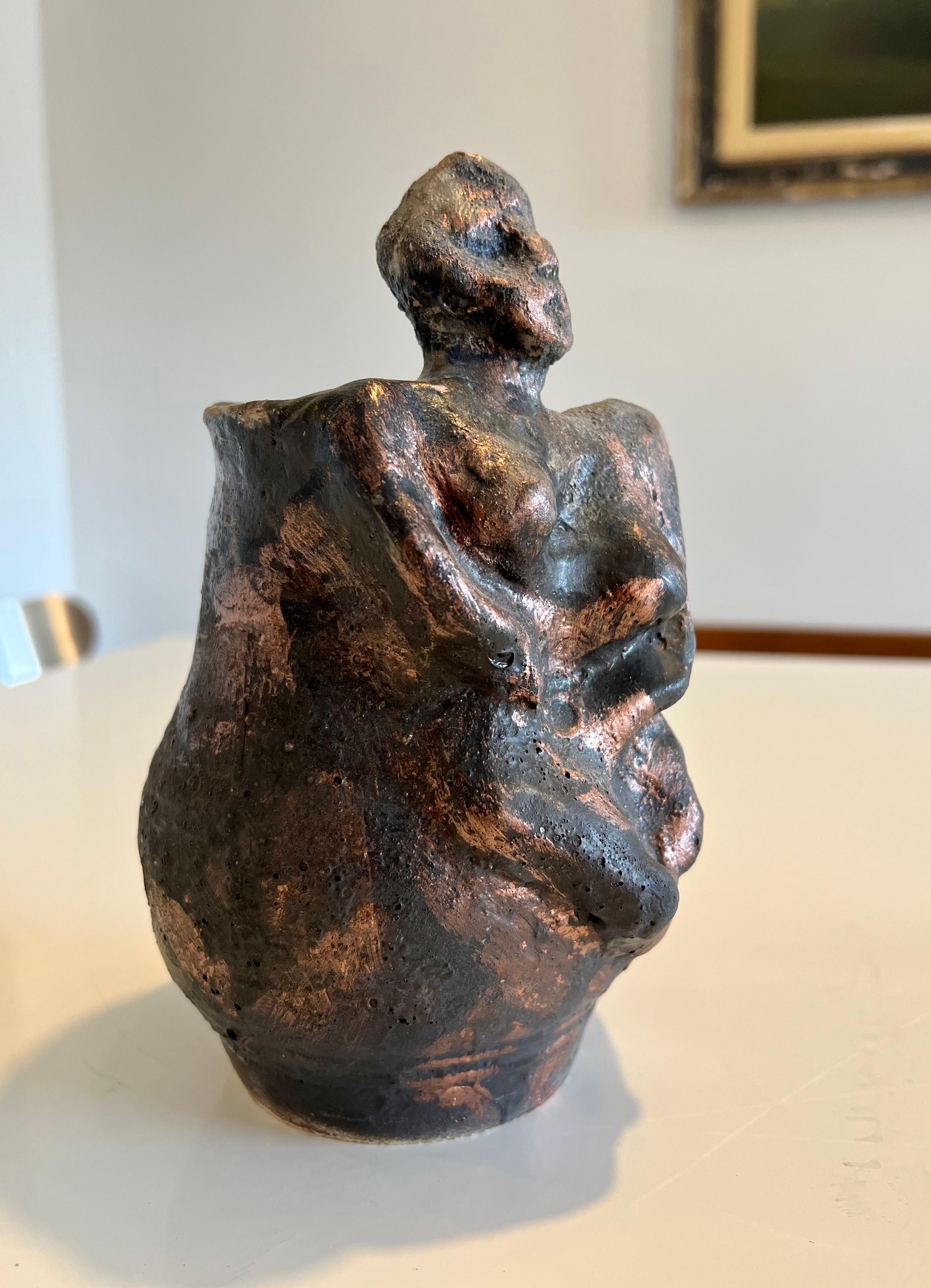Brutalist Ceramic Sculpture Vase Bronze Lustre FInish California Expressionist For Sale 5