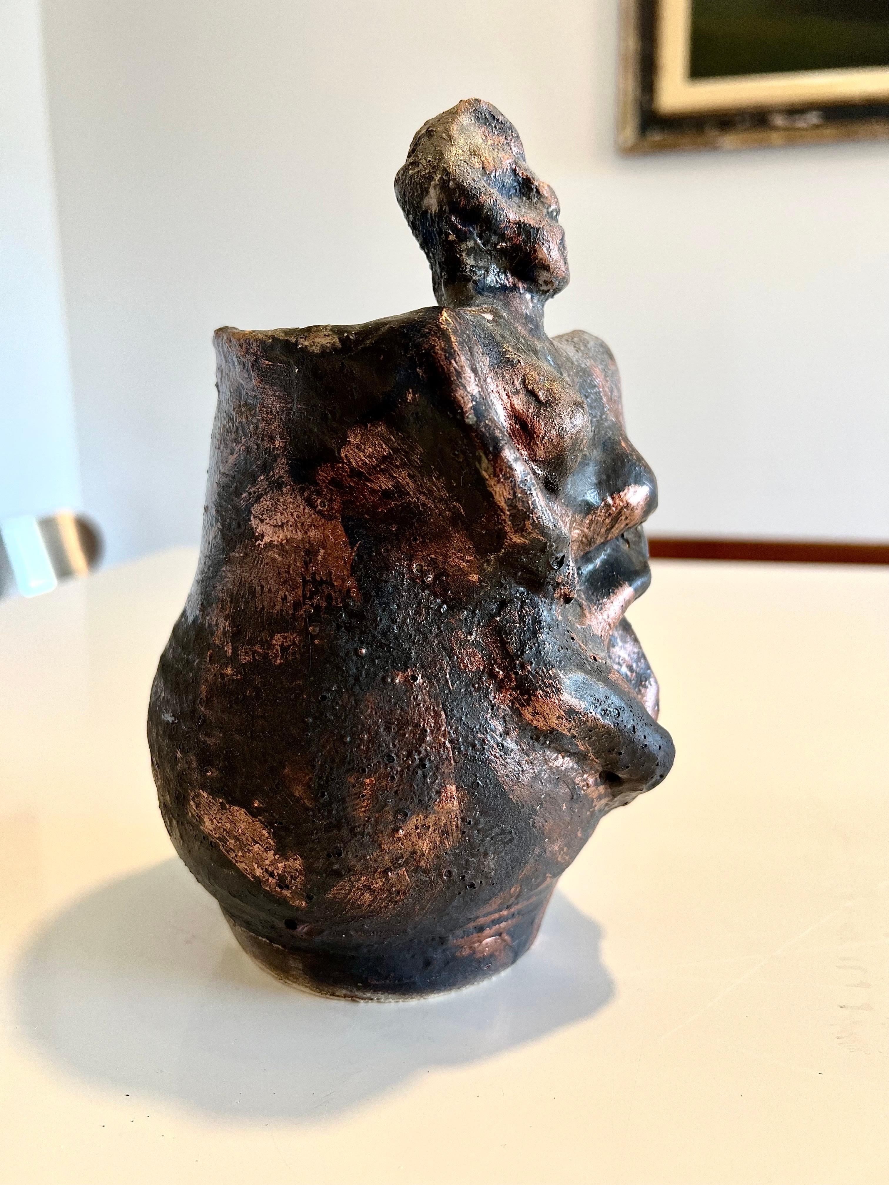 Brutalist Ceramic Sculpture Vase Bronze Lustre FInish California Expressionist For Sale 6