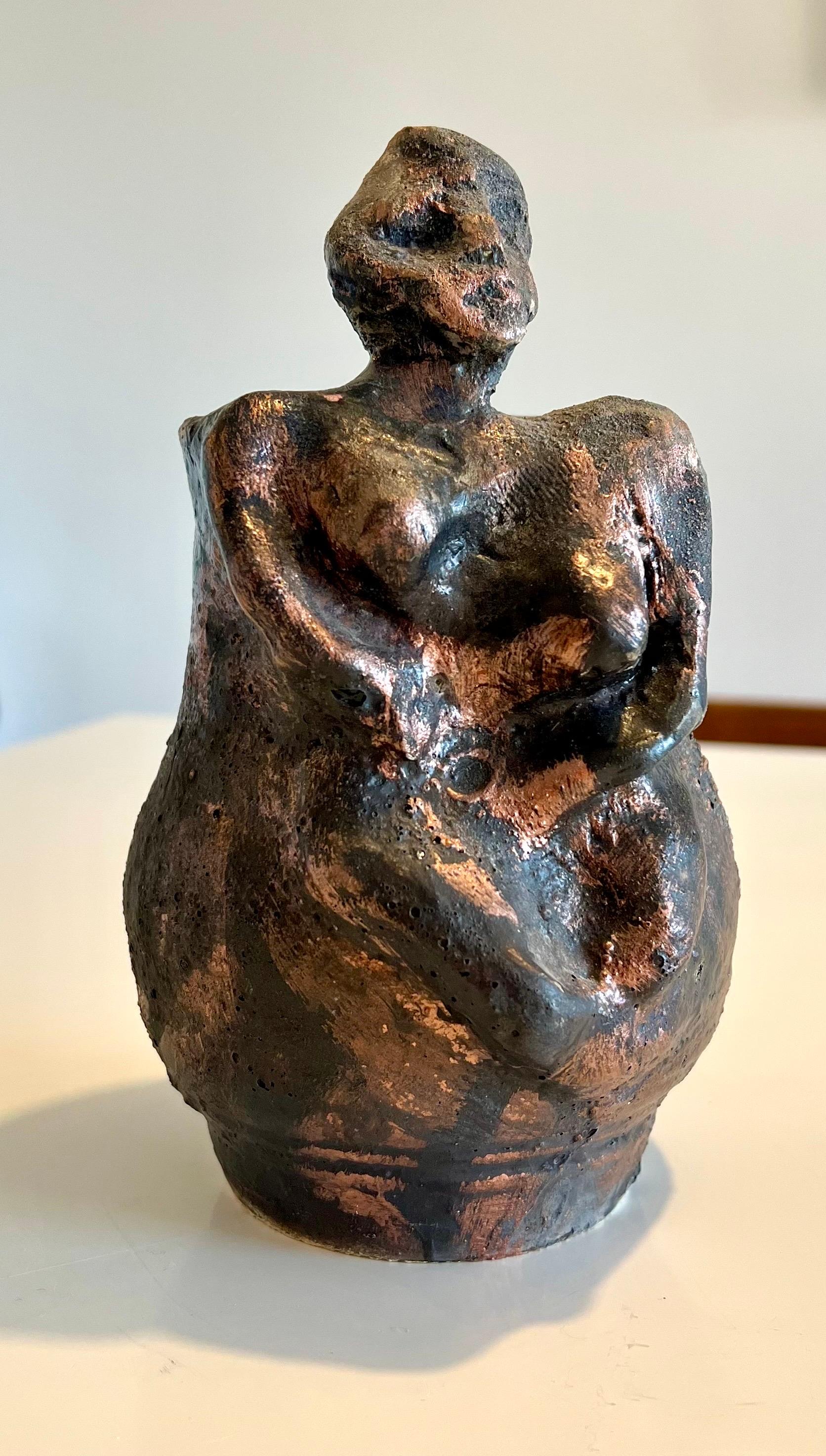Jenik Cook Figurative Sculpture - Brutalist Ceramic Sculpture Vase Bronze Lustre FInish California Expressionist