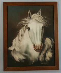 Equestrian White Stallion Oil Painting, Framed, 1950s, Artist Board