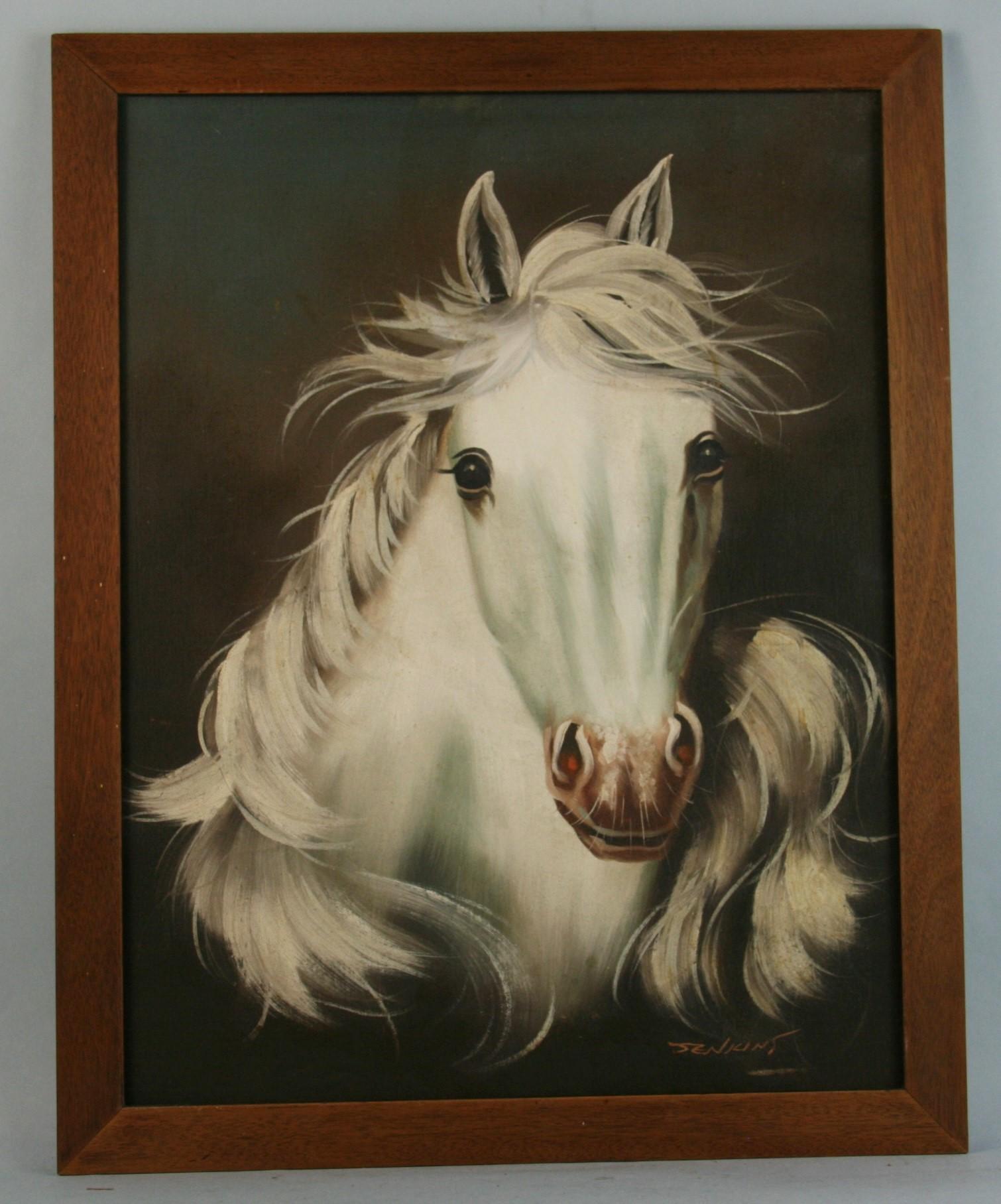 Vintage White Stallion Equestrian Oil Painting - Black Animal Painting by Jenkins