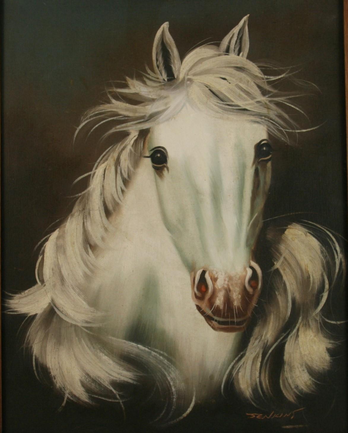 3949 White stallion equestrian oil on artist board set in a walnut frame