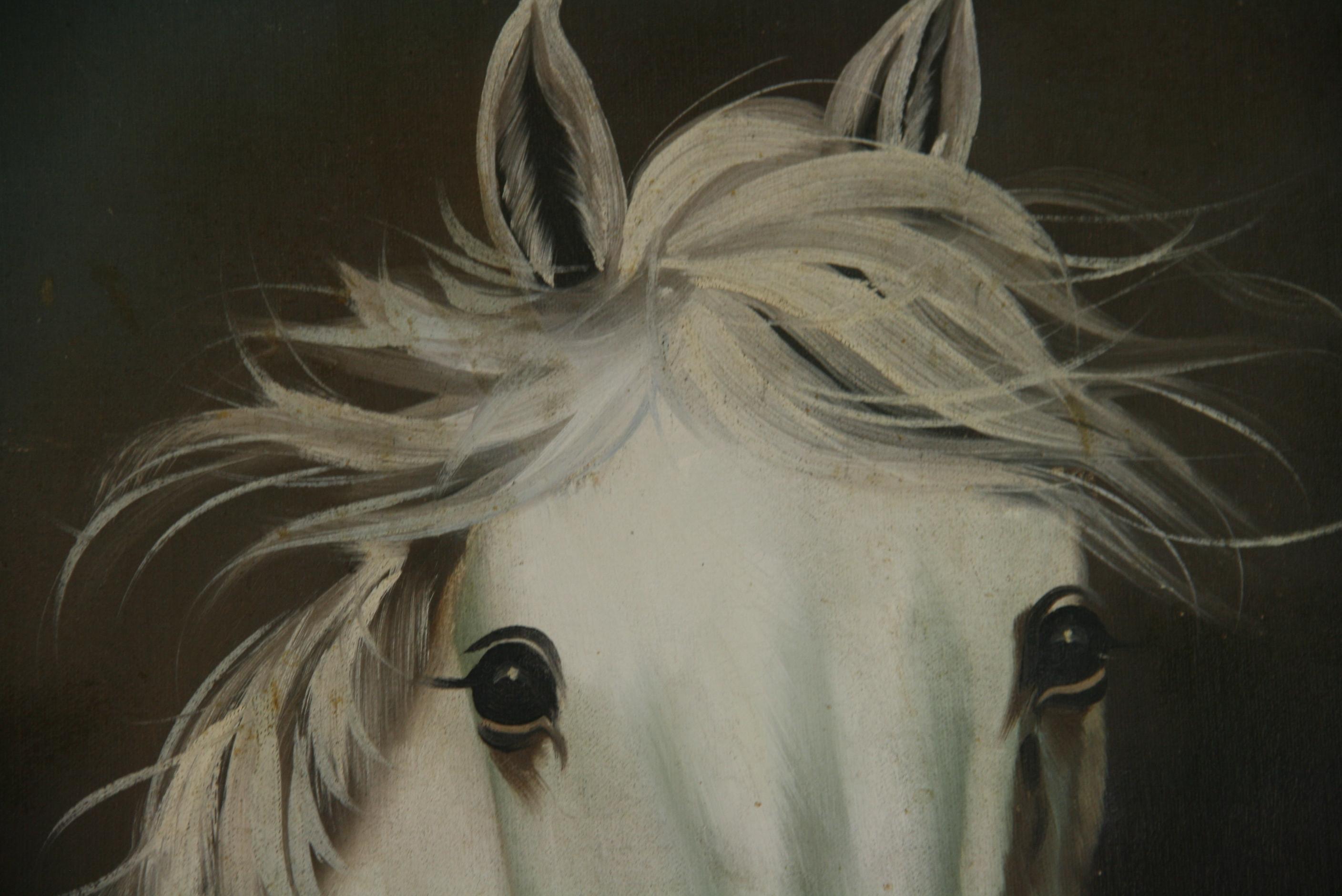 Vintage White Stallion Equestrian Oil Painting For Sale 2