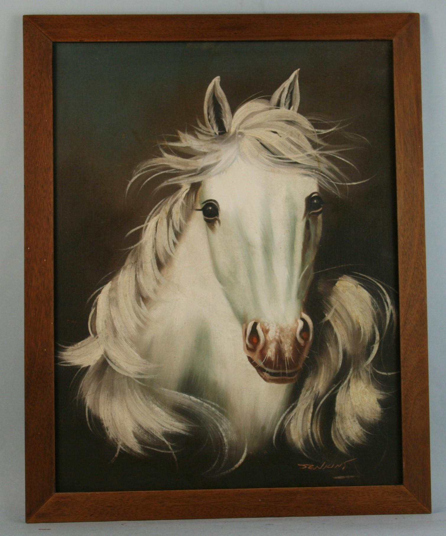 Vintage White Stallion Equestrian Oil Painting (peinture à l'huile) - Noir Animal Painting par Jenkins